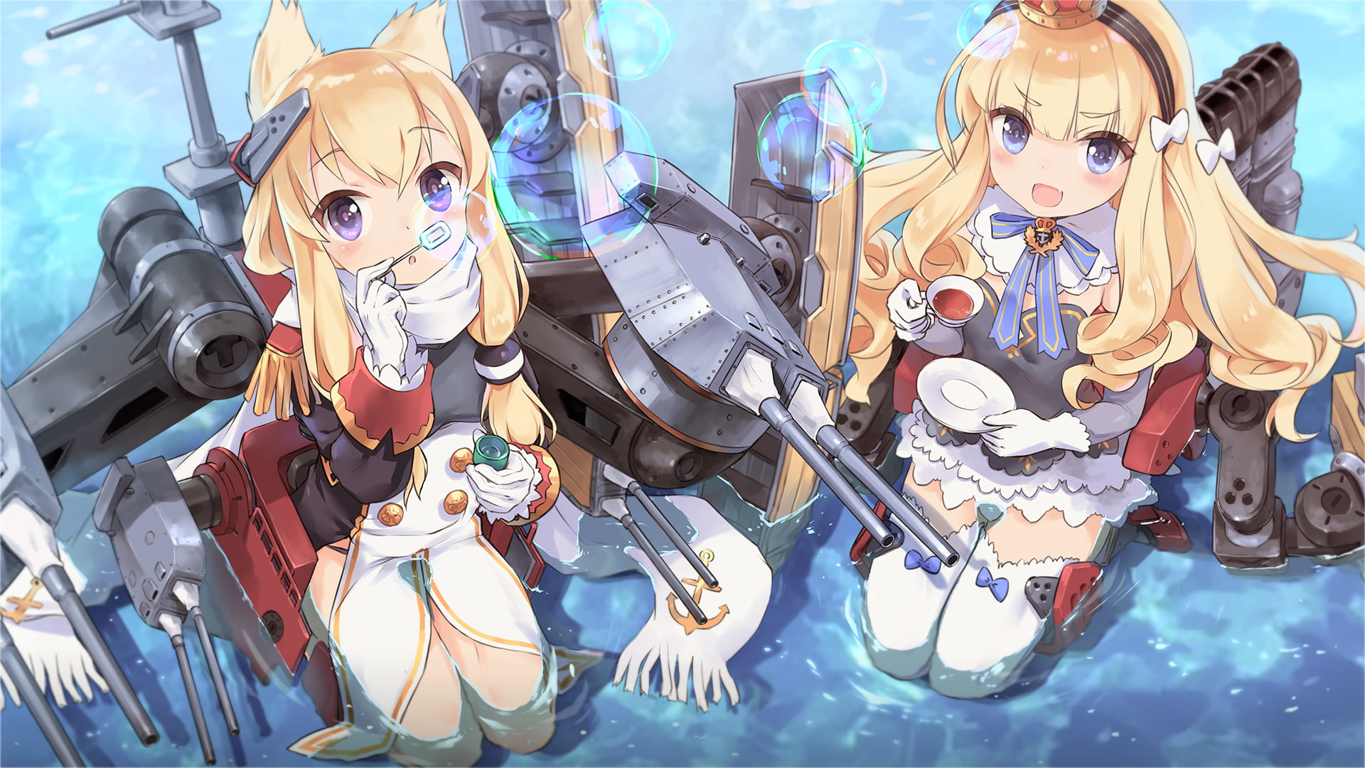 gloves, open mouth, 1080P, long hair, water, Azur_Lane, Kantai Collection, blonde, anime, HD Wallpaper