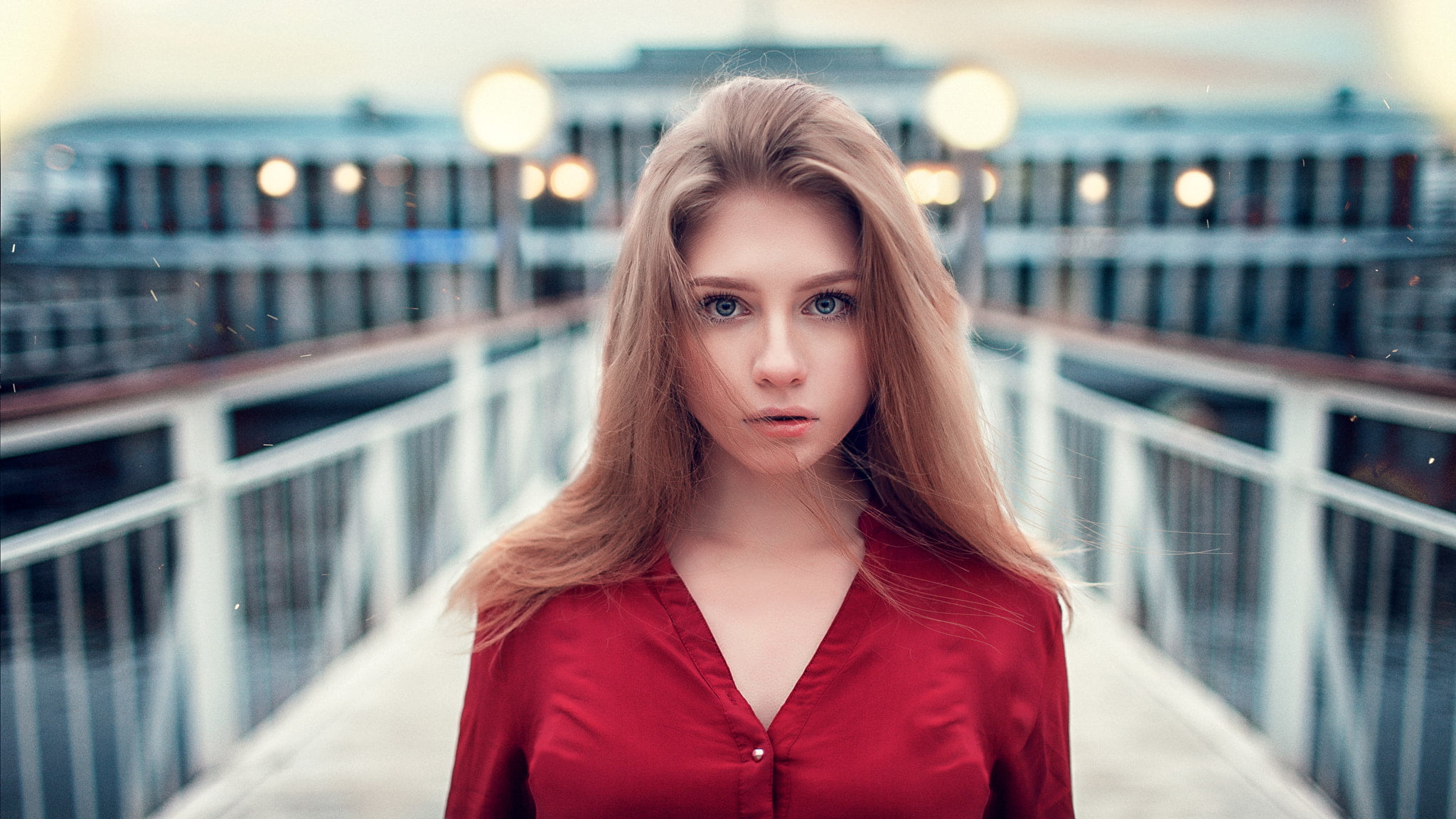 hairstyle, beautiful woman, contemplation, looking at camera, bridge - man made structure, fashion, long hair, focus on foreground, young adult, women, HD Wallpaper
