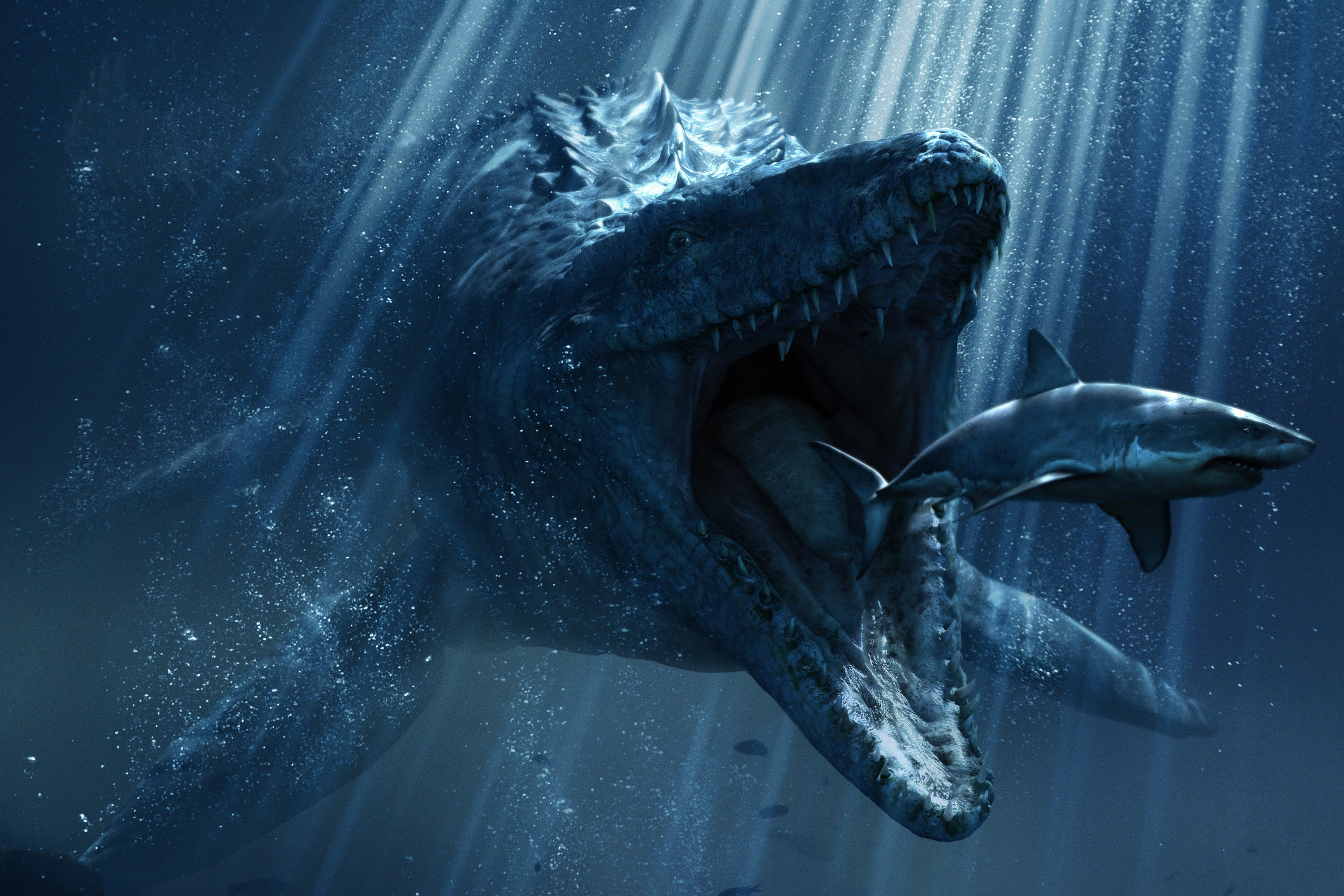 swimming, deep, rays of light, creature, shark, underwater, Jurassic World, motion, vertebrate, animal wildlife, animal themes, undersea, sea Life, animal Teeth, HD Wallpaper