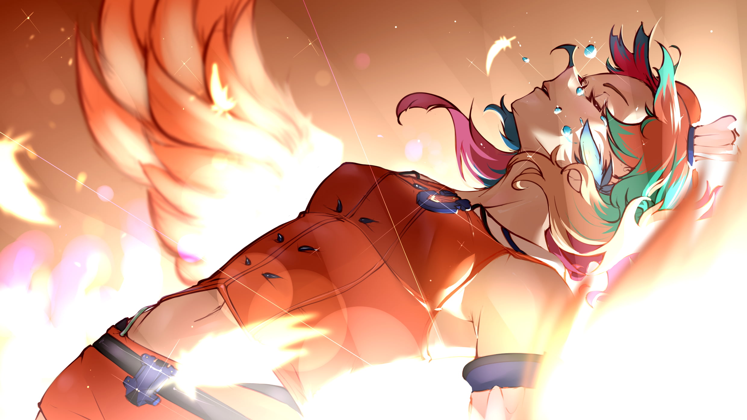 anime, multi-colored hair, anime girls, closed eyes, water drops, 1080P, wings, Hololive, feathers, Takanashi Kiara, HD Wallpaper