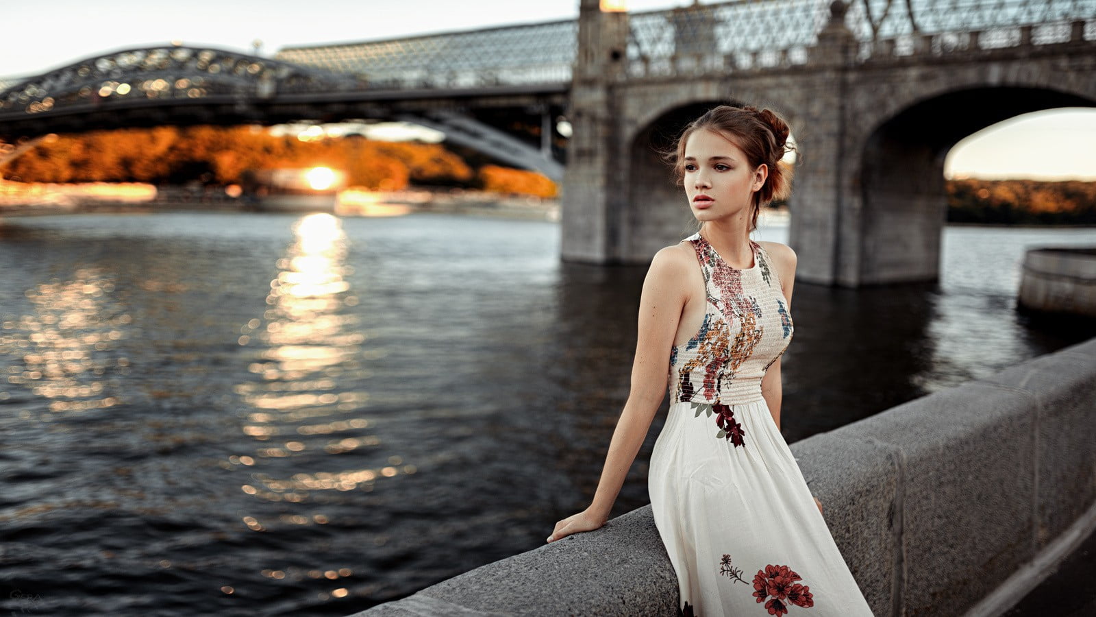 elegance, Georgy Chernyadyev, young adult, looking away, evening gown, beautiful people, adult, dress, women outdoors, nature, young women, bridge, clothing, HD Wallpaper