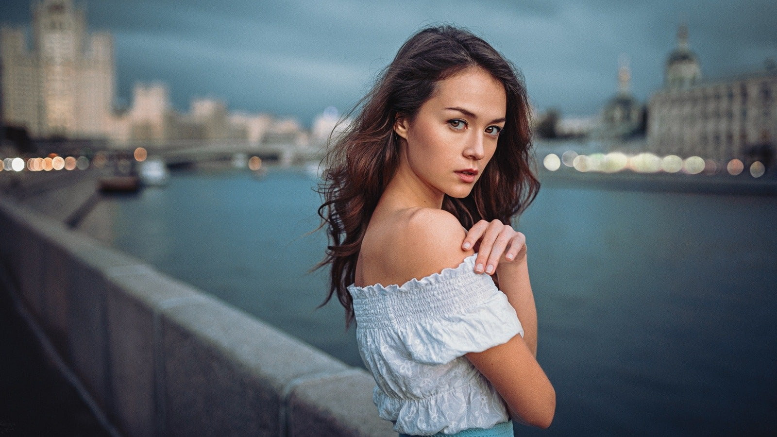 outdoors, beautiful woman, contemplation, beautiful people, wavy hair, young women, city, women, water, brown hair, portrait, bare shoulders, riverside, HD Wallpaper