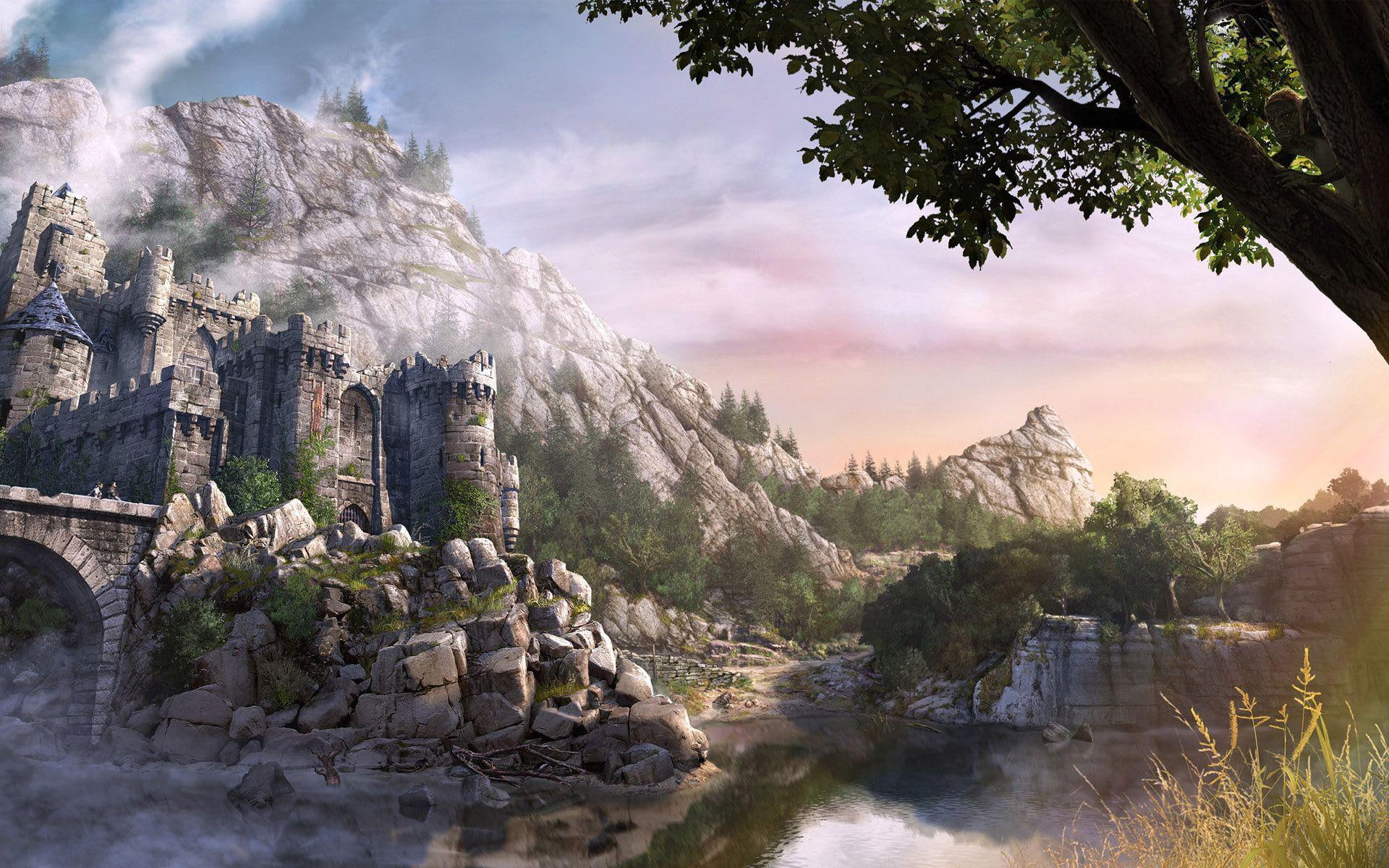 fortress, fantasy, temple, 1080P, riverside, river, mountain, gray, 1920x1200, HD Wallpaper