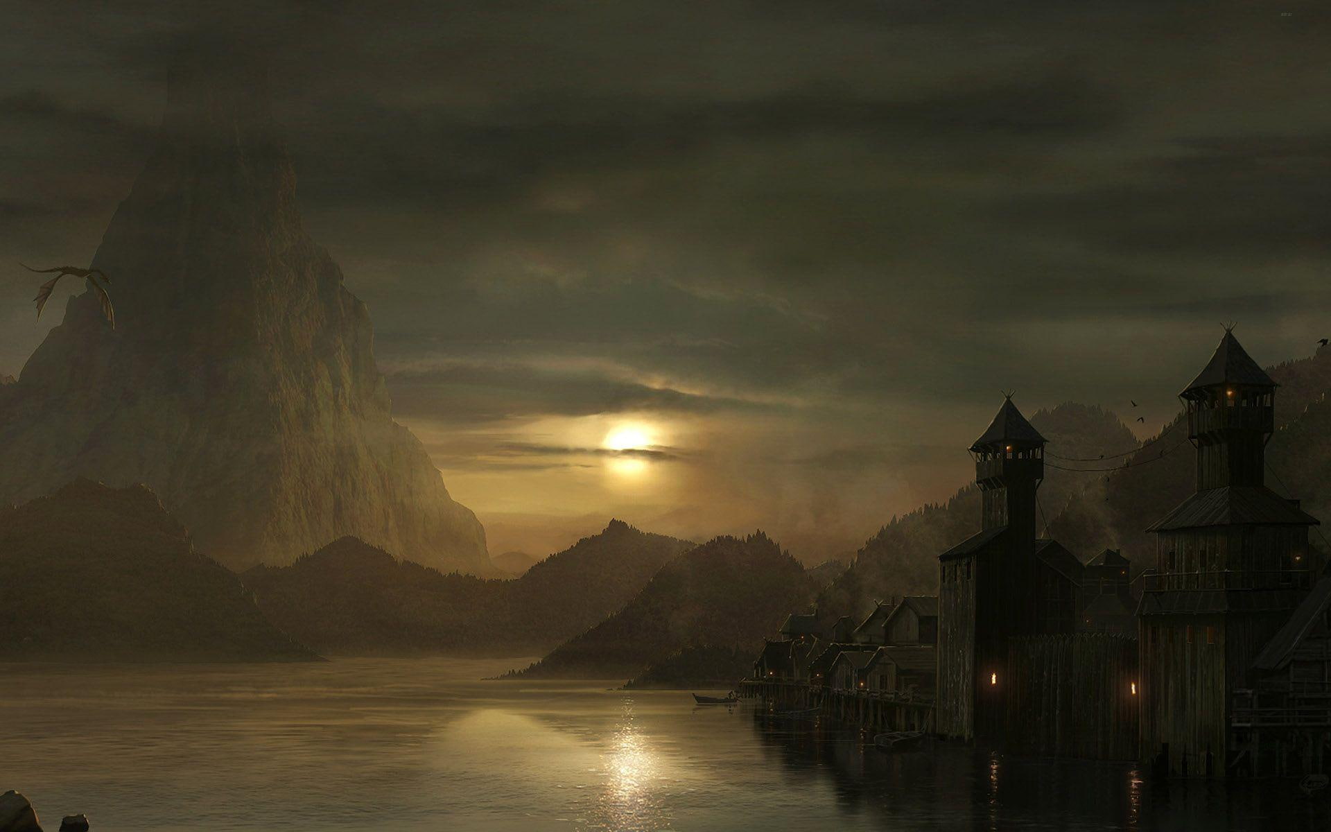 mountain, fantasy, river, castle, night, riverside, dark, grey, town, 1920x1200, 1080P, HD Wallpaper