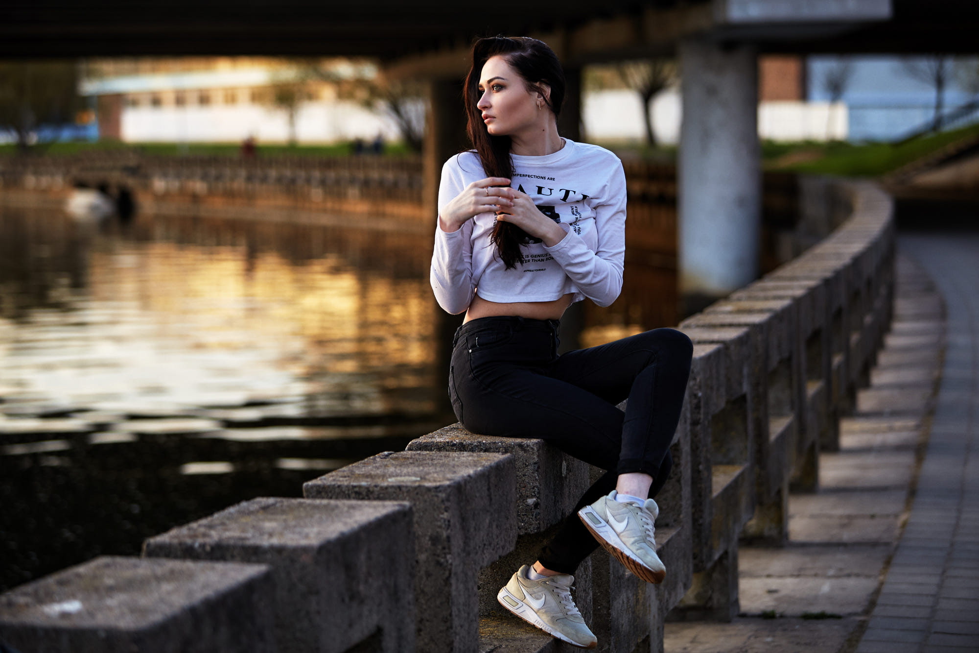real people, long hair, Andrey Khandogin, young women, belly, riverside, day, architecture, high waisted, outdoors, lifestyles, leisure activity, sneakers, HD Wallpaper