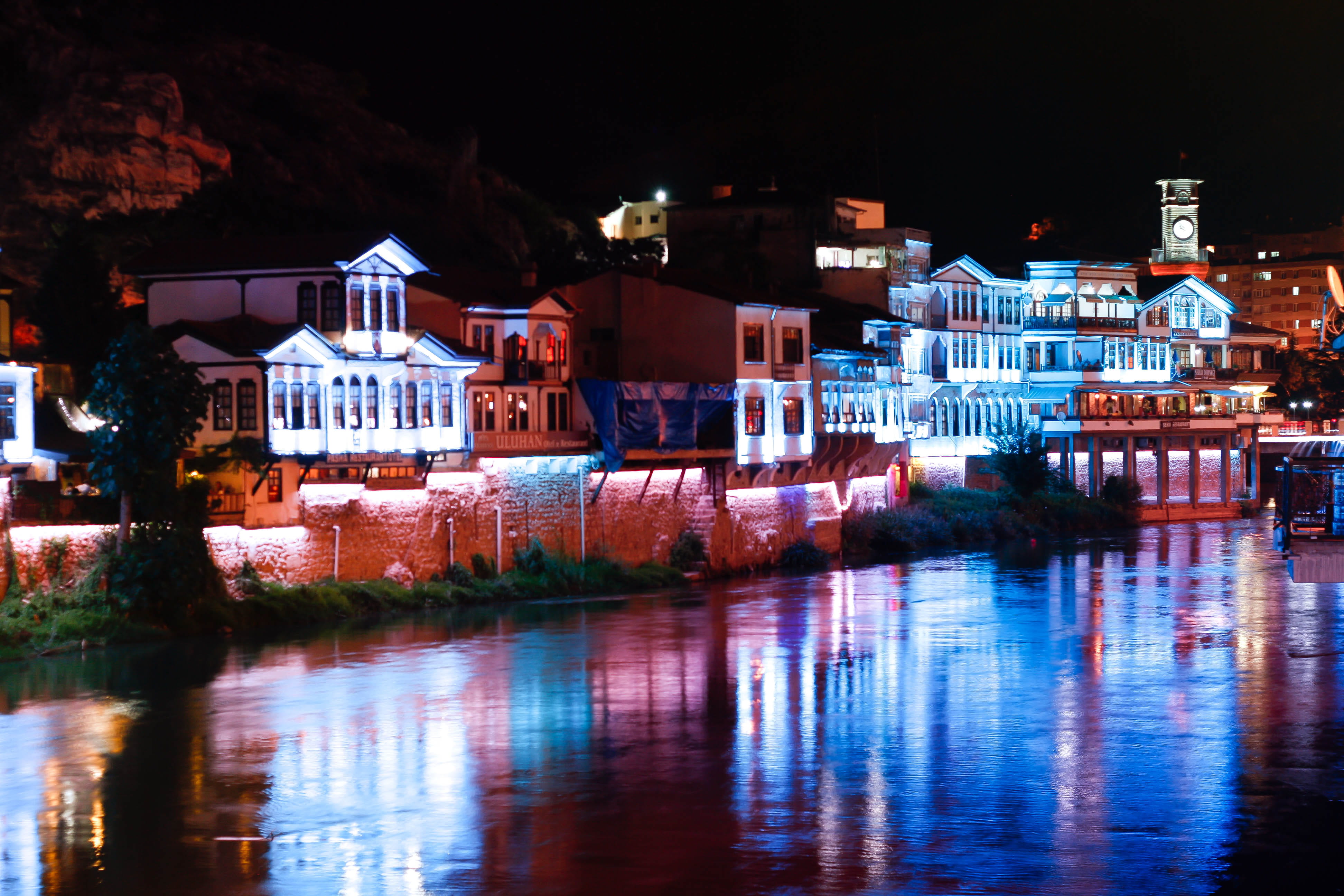 residential district, building, reflection, night, water, no people, turkey, illuminated, amasya, outdoors, riverside, amasya merkez, citylights, waterfront, HD Wallpaper