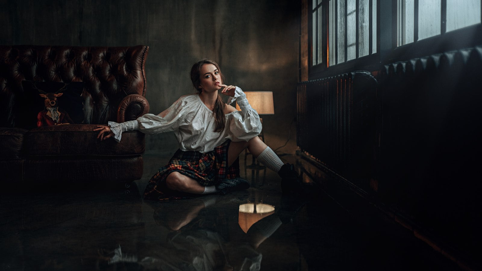 sitting, white shirt, one person, beauty, brunette, full length, depression - sadness, casual clothing, young adult, women, musical instrument, sadness, HD Wallpaper