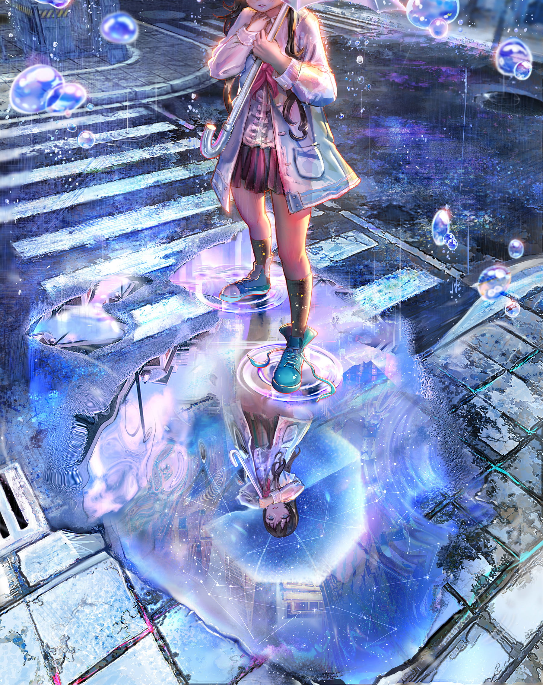 1080P, rain, upskirt, umbrella, anime, anime girls, street, Phone HD Wallpaper