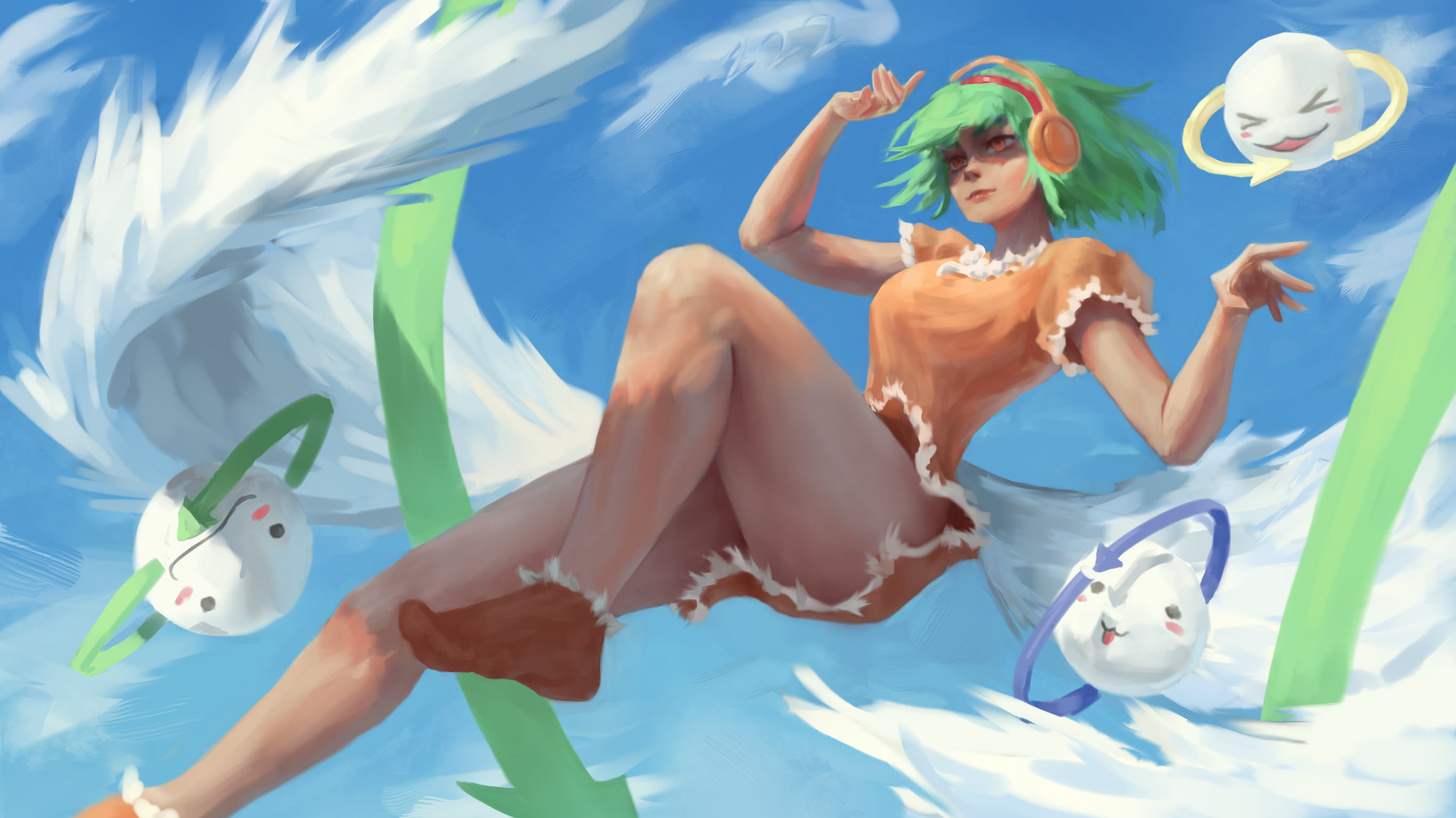 thighs, fan art, digital art, 2K, green hair, women, DOM DiVE, short hair, digital painting, illustration, VeyGudTek, dress, orange dress, upskirt, artwork, HD Wallpaper