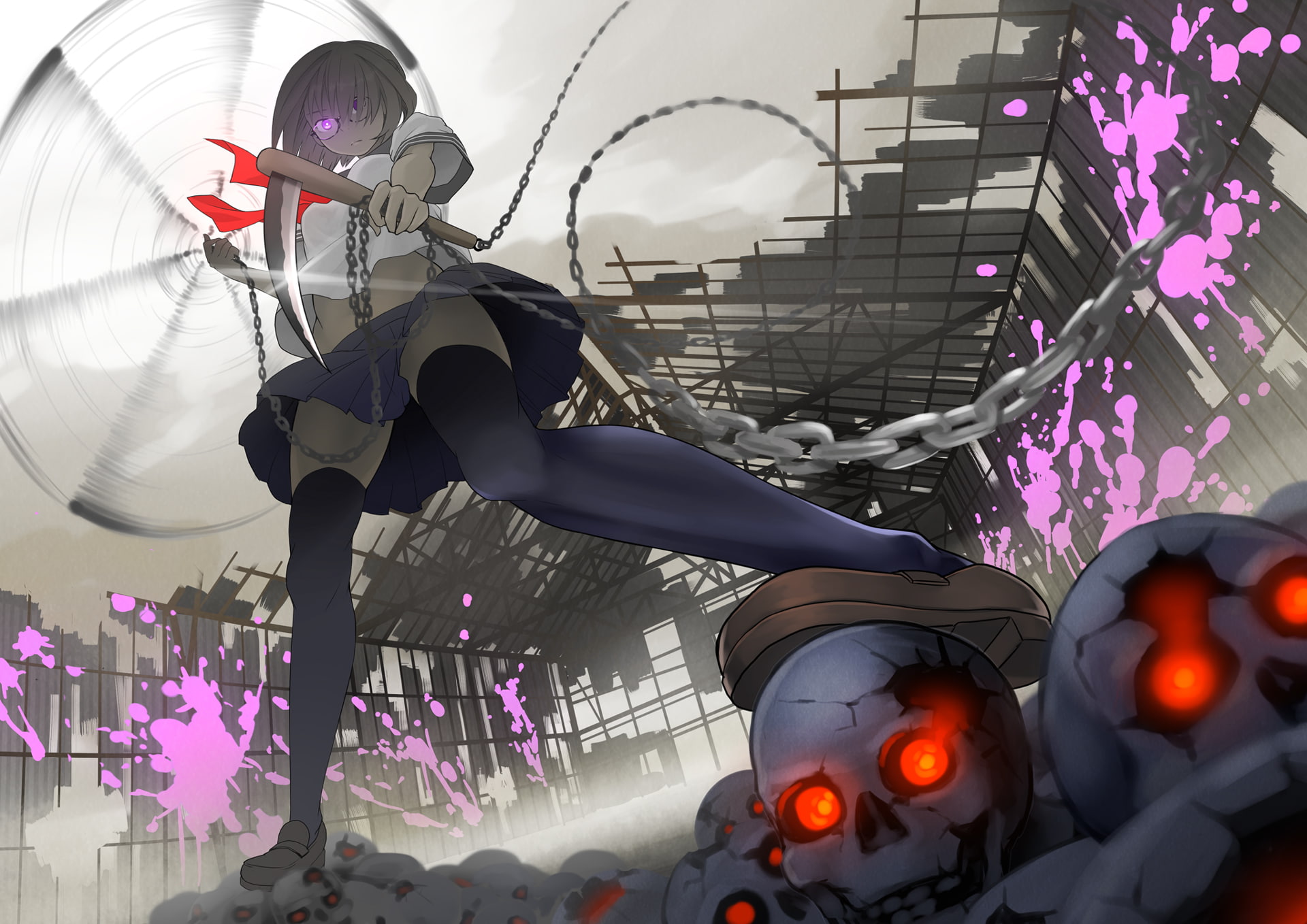 kuro, hair, 1080P, purple, original, seifuku, chain, oolong, skirt, upskirt, gray, weapon, glasses, short, thighhighs, eyes, blood, skull, HD Wallpaper