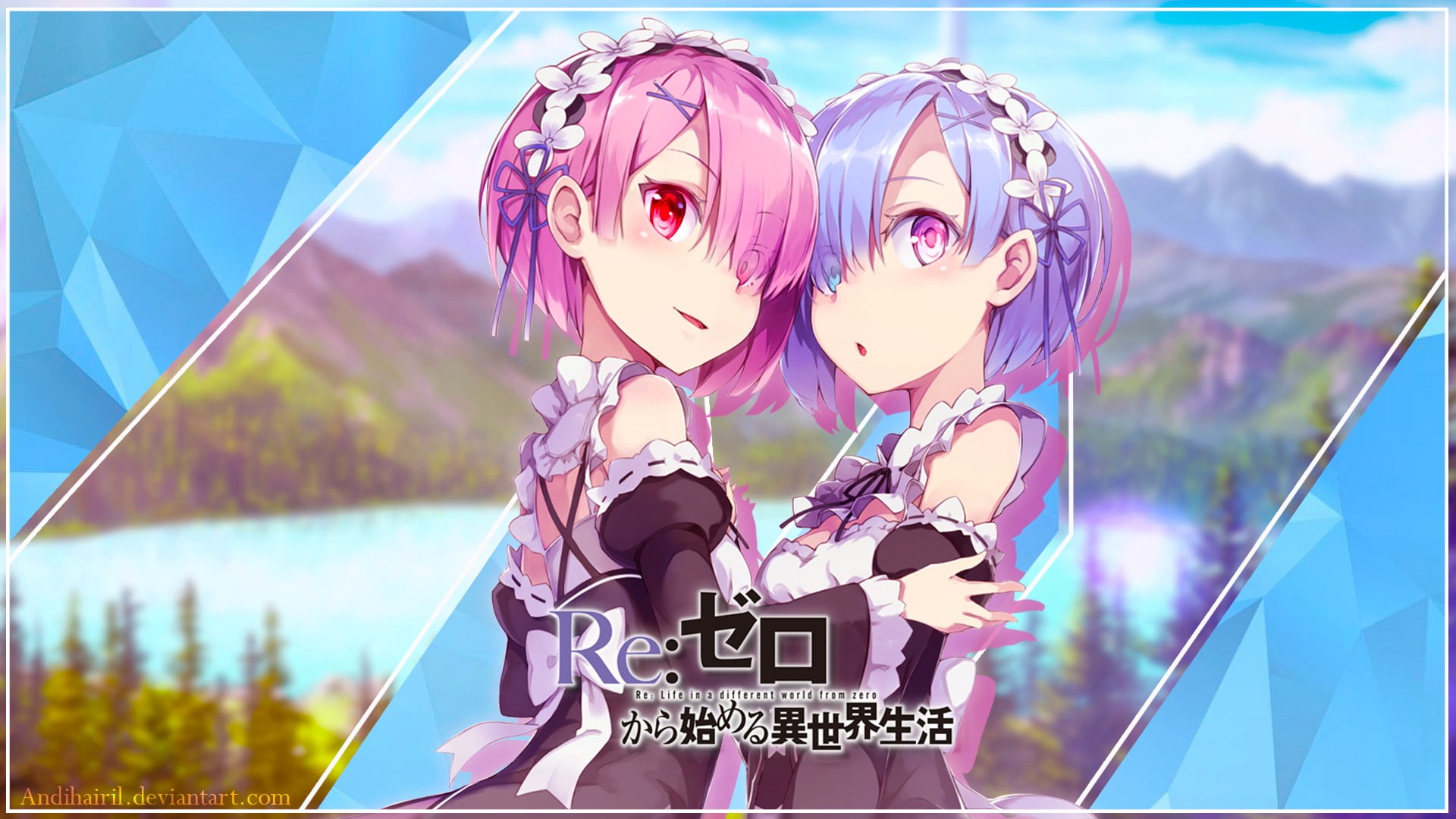 celebration, day, DeviantArt, digital, outdoors, zero, characters, Ram (Re:Zero), females, pink color, flower in hair, human representation, anime, red eyes, HD Wallpaper