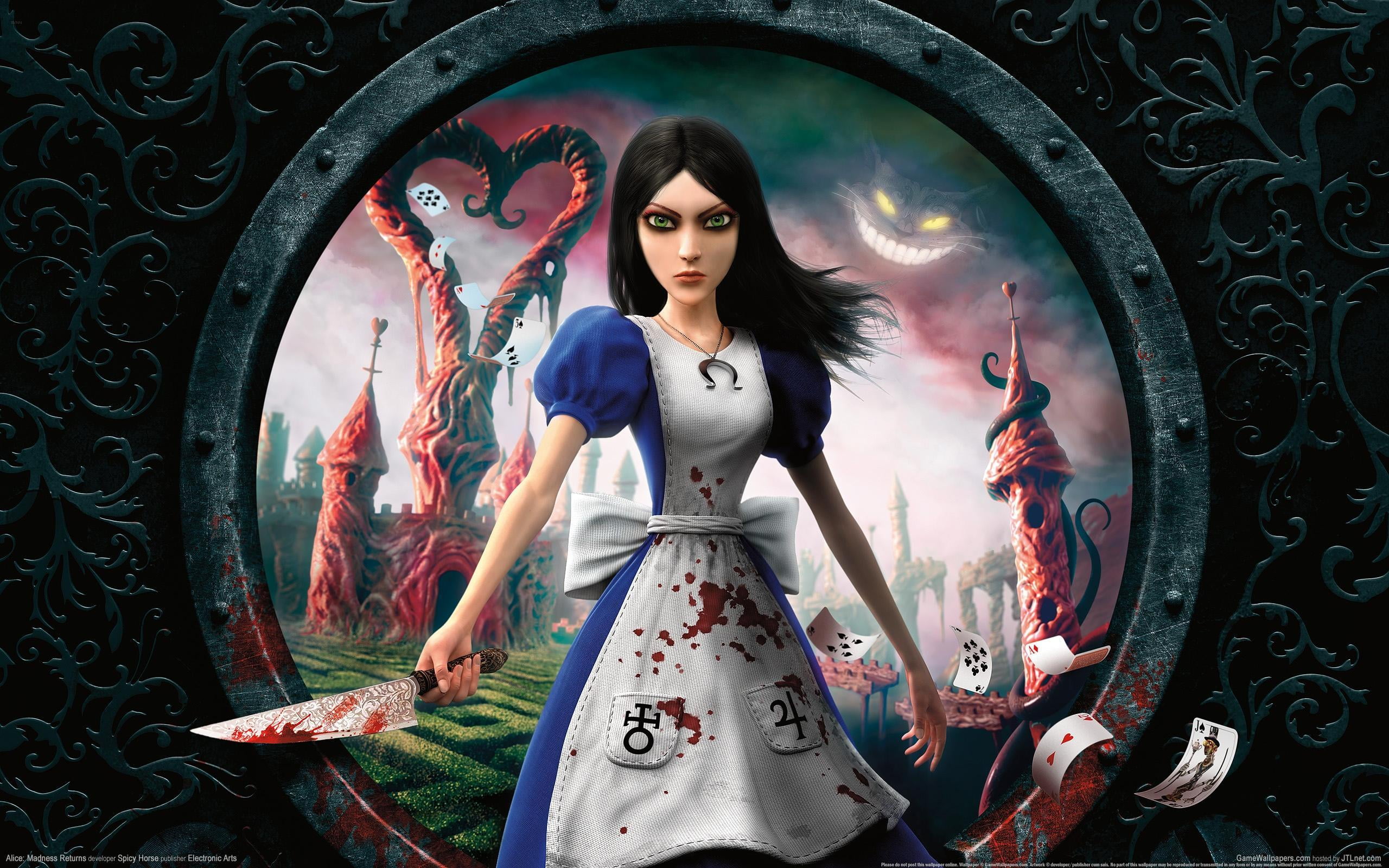 young Adult, digital, Alice, beauty, adult, old-fashioned, fashion, fantasy, females, women, card, blood, knife, Alice Madness Returns, elegance, art, indoors, HD Wallpaper