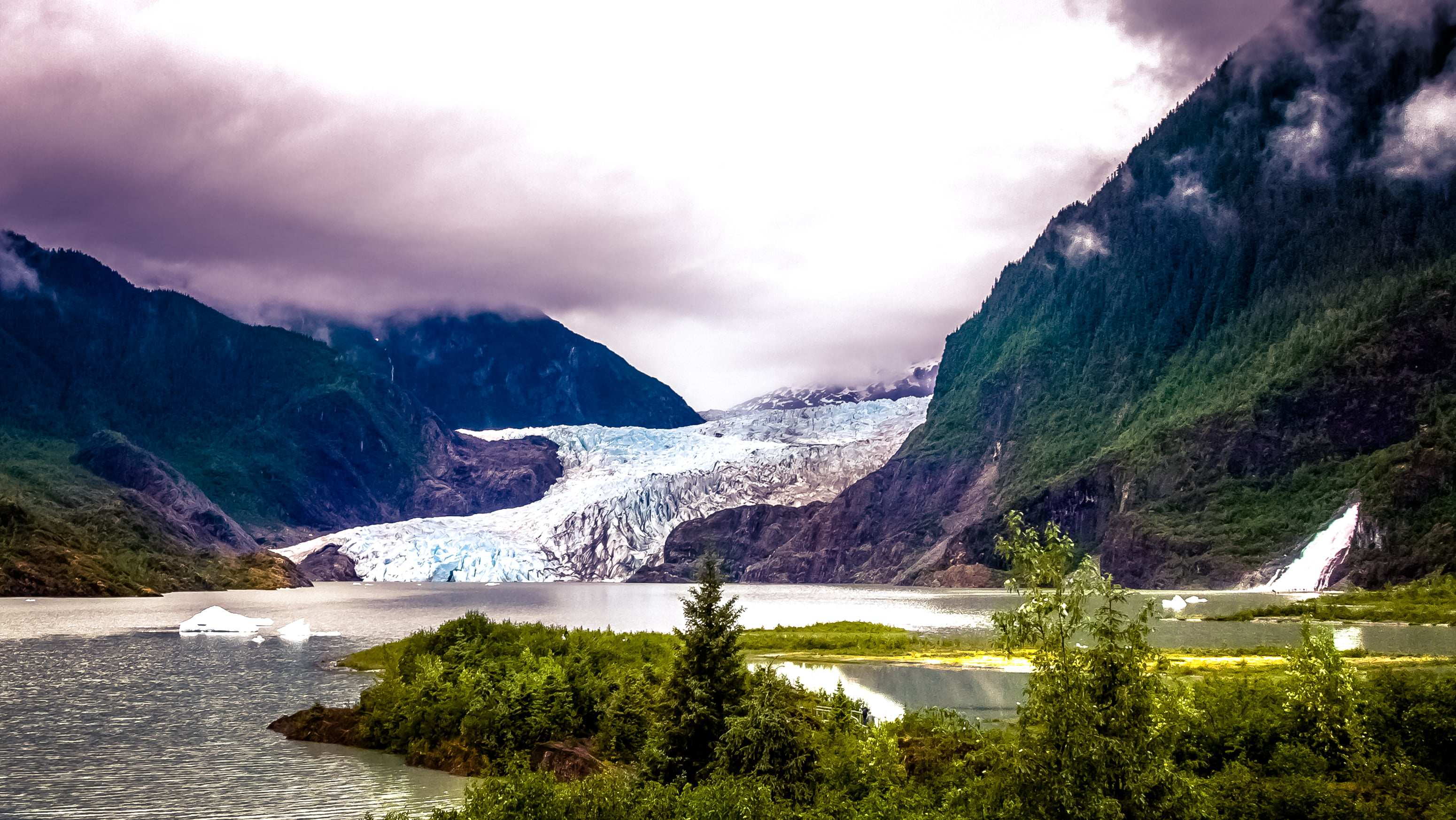 river, clouds, Mendenhall Glacier, near, 2K, outdoors, waterfall, Sleepy, cloudy, reflection, juneau, travel, beauty In Nature, nature, wet, gray, summer, HD Wallpaper