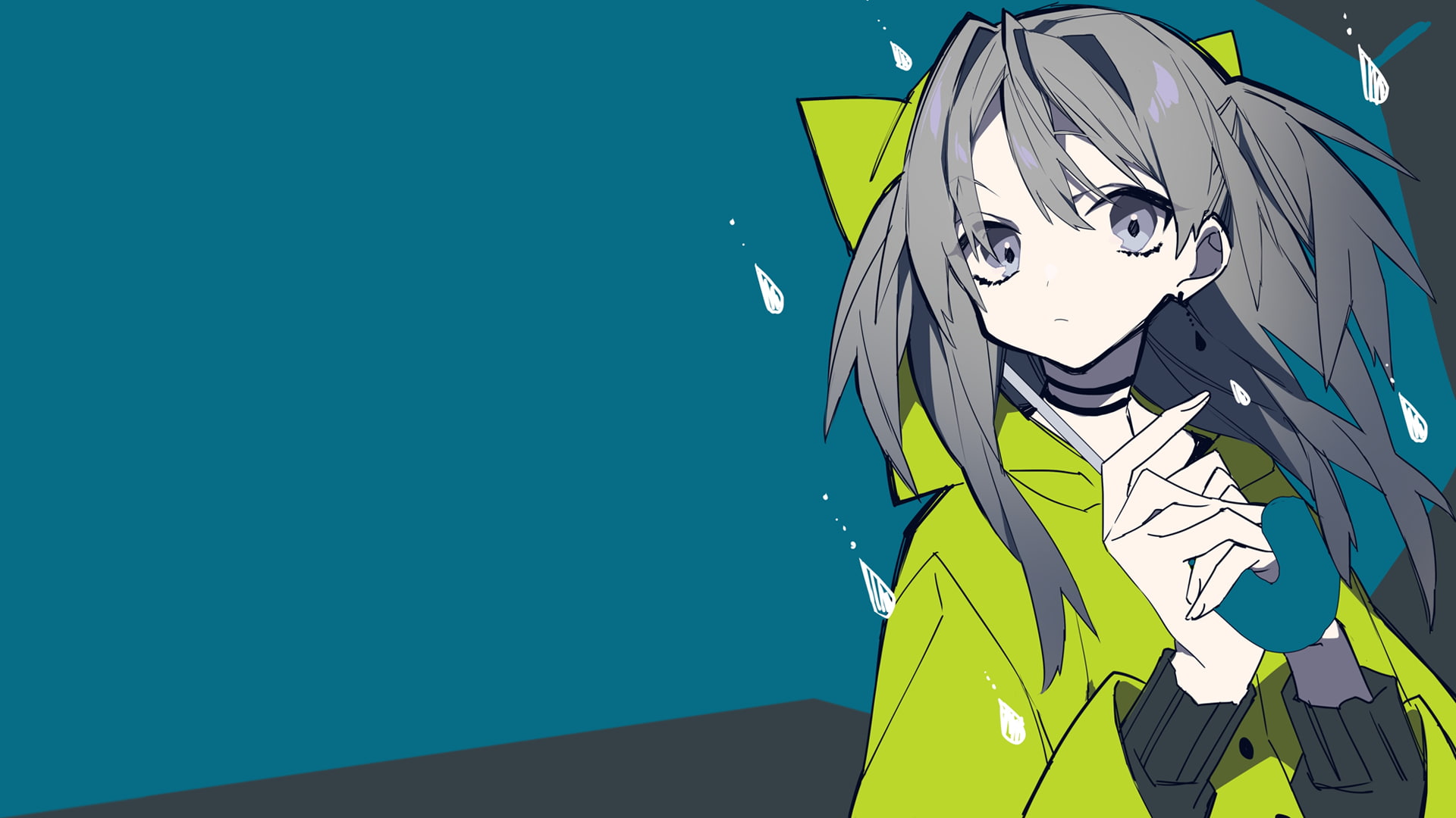 1080P, manga, studio shot, obscured face, gray hair, anime girls, blue, colored background, indoors, anime, turquoise, portrait, simple background, unrecognizable person, HD Wallpaper
