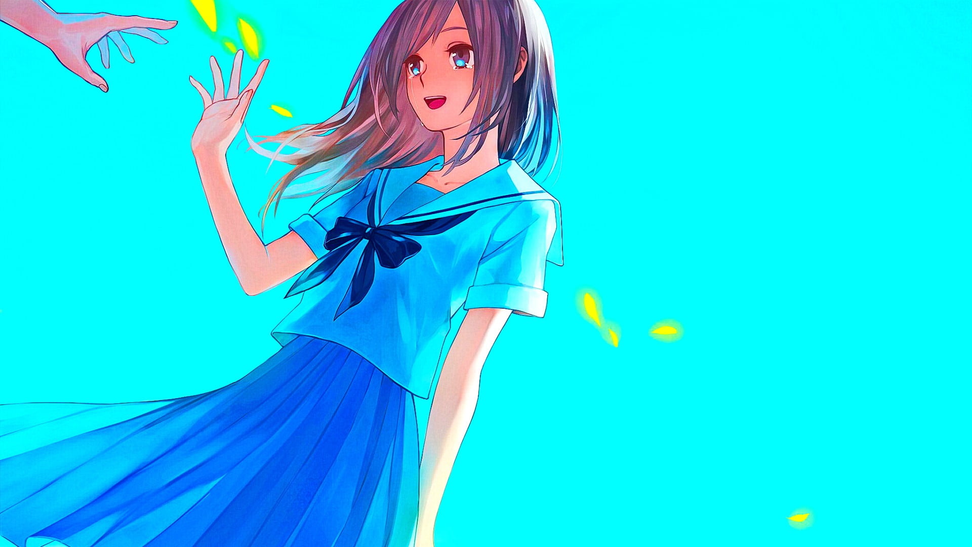 open mouth, hairstyle, blue, clothing, beauty, brunette, 1080P, adult, colored background, women, anime girls, beautiful woman, young adult, fashion model, HD Wallpaper