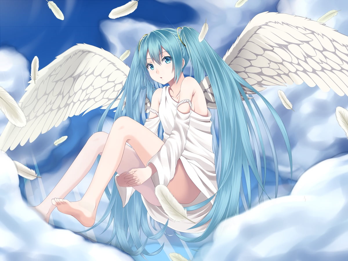 clothing, full length, real people, indoors, hair, bed, twintails, turquoise colored, adult, beauty, young women, 480P, females, angel wings, young adult, HD Wallpaper