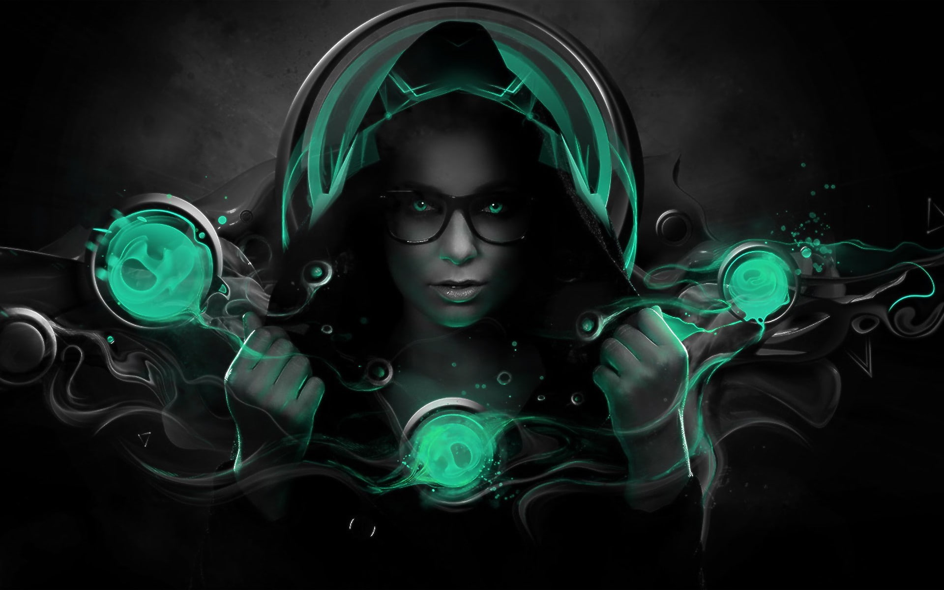 hood, 1080P, graphic design, green, women, green eyes, glasses, digital art, turquoise, HD Wallpaper