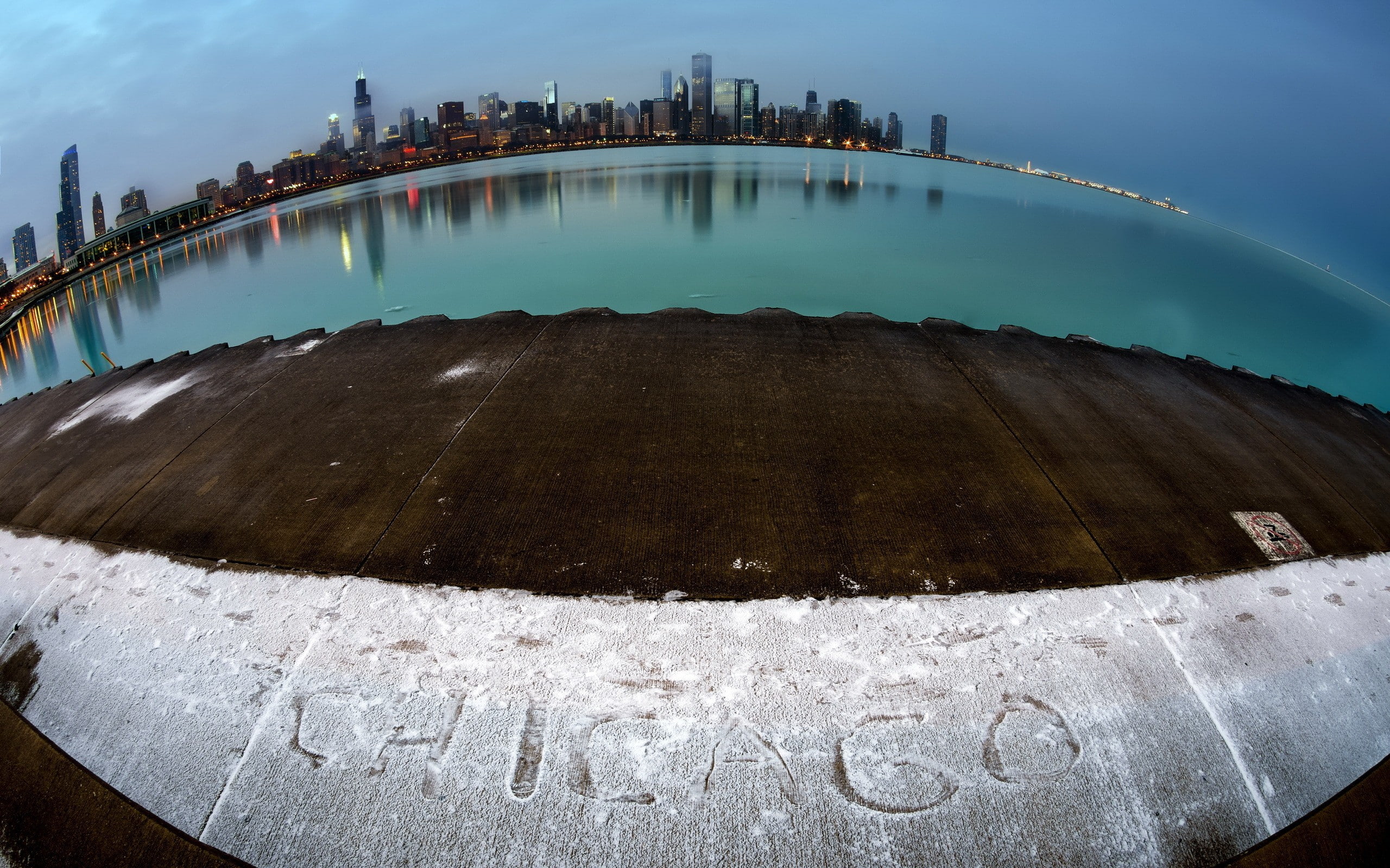outdoors, tourism, turquoise colored, skyscraper, built structure, building, fish-eye lens, no people, Chicago, skyline, building exterior, water, dock, HD Wallpaper