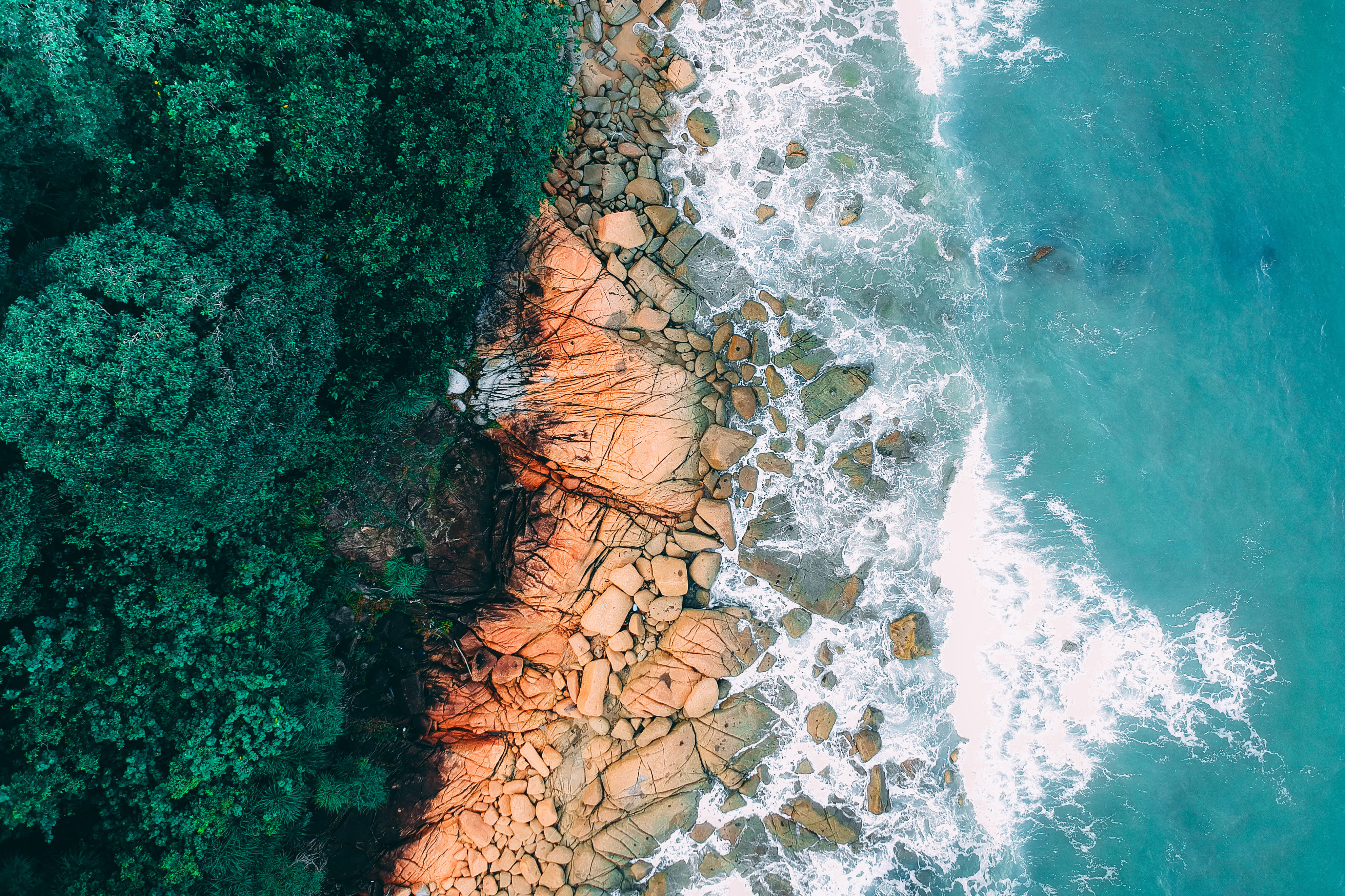 blue, rock - object, rock, wave, color, turquoise, seashore, aerial, environment, outdoors, birds eye view, water, trees, no people, aquatic, rocks, photography, HD Wallpaper