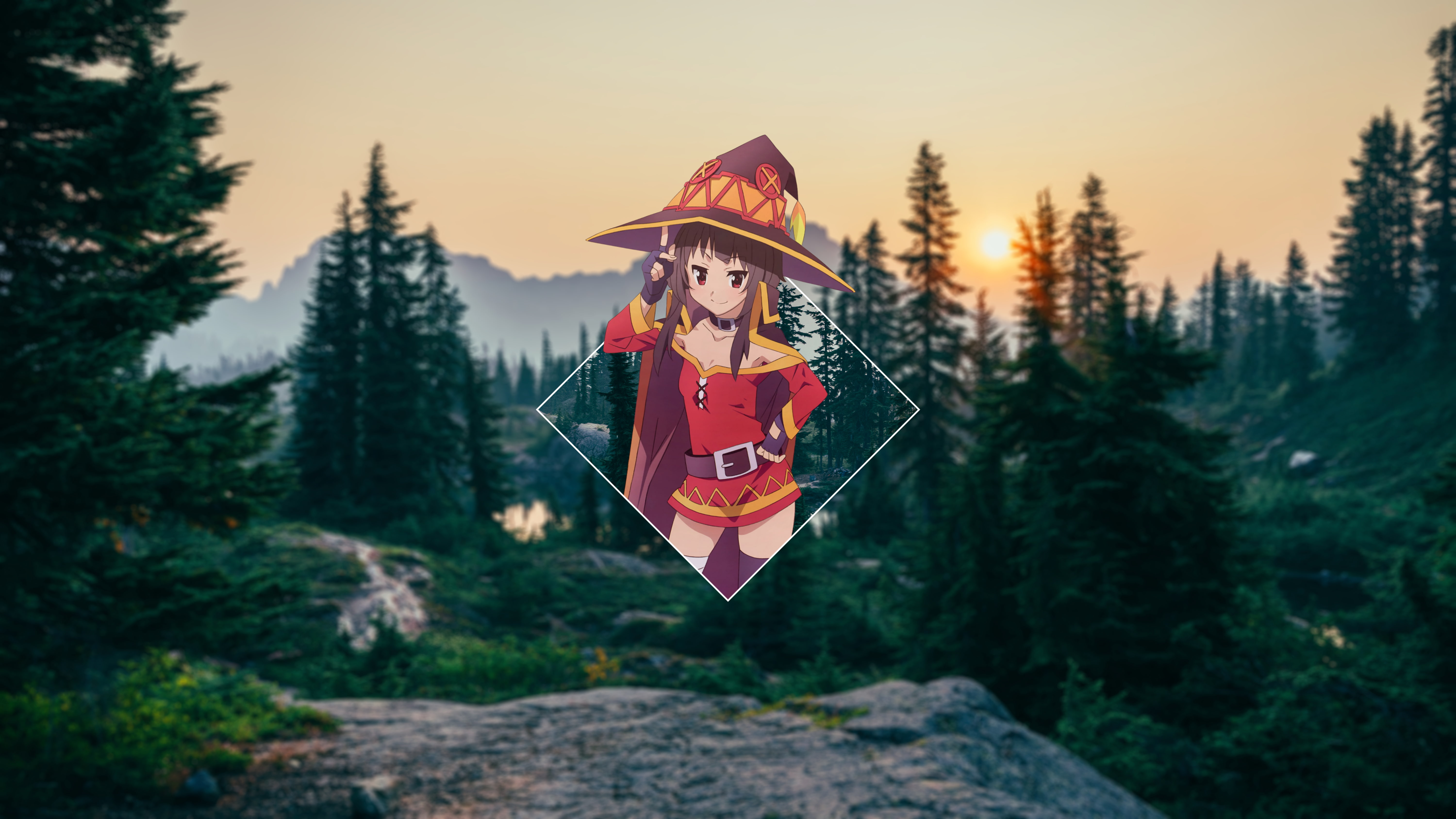 anime girls, Megumin, anime, witch hat, 5K, sunset, forest, Kono Subarashii Sekai ni Shukufuku wo!, HD Wallpaper