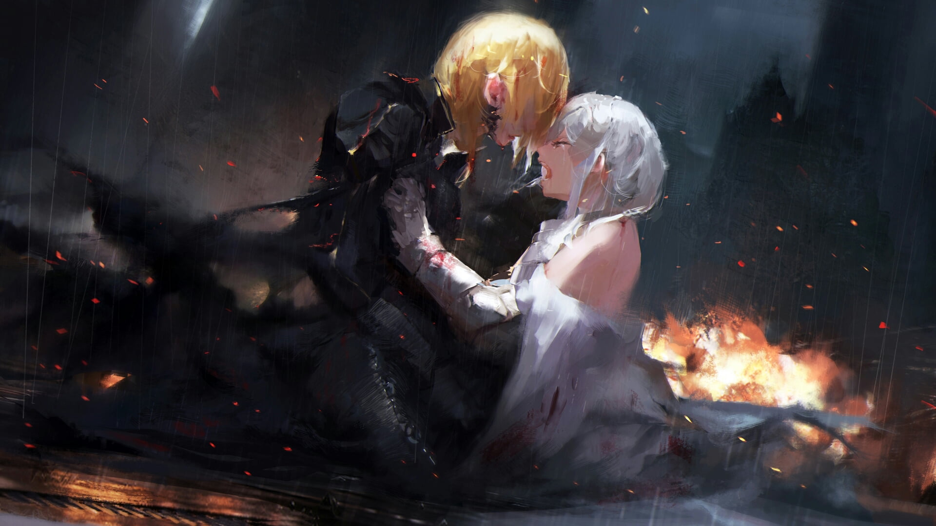Fate Series, young adult, women, burning, tears, white hair, Ruler (Fate/Grand Order), event, people, Jeanne dArc, heat - temperature, adult, two people, HD Wallpaper