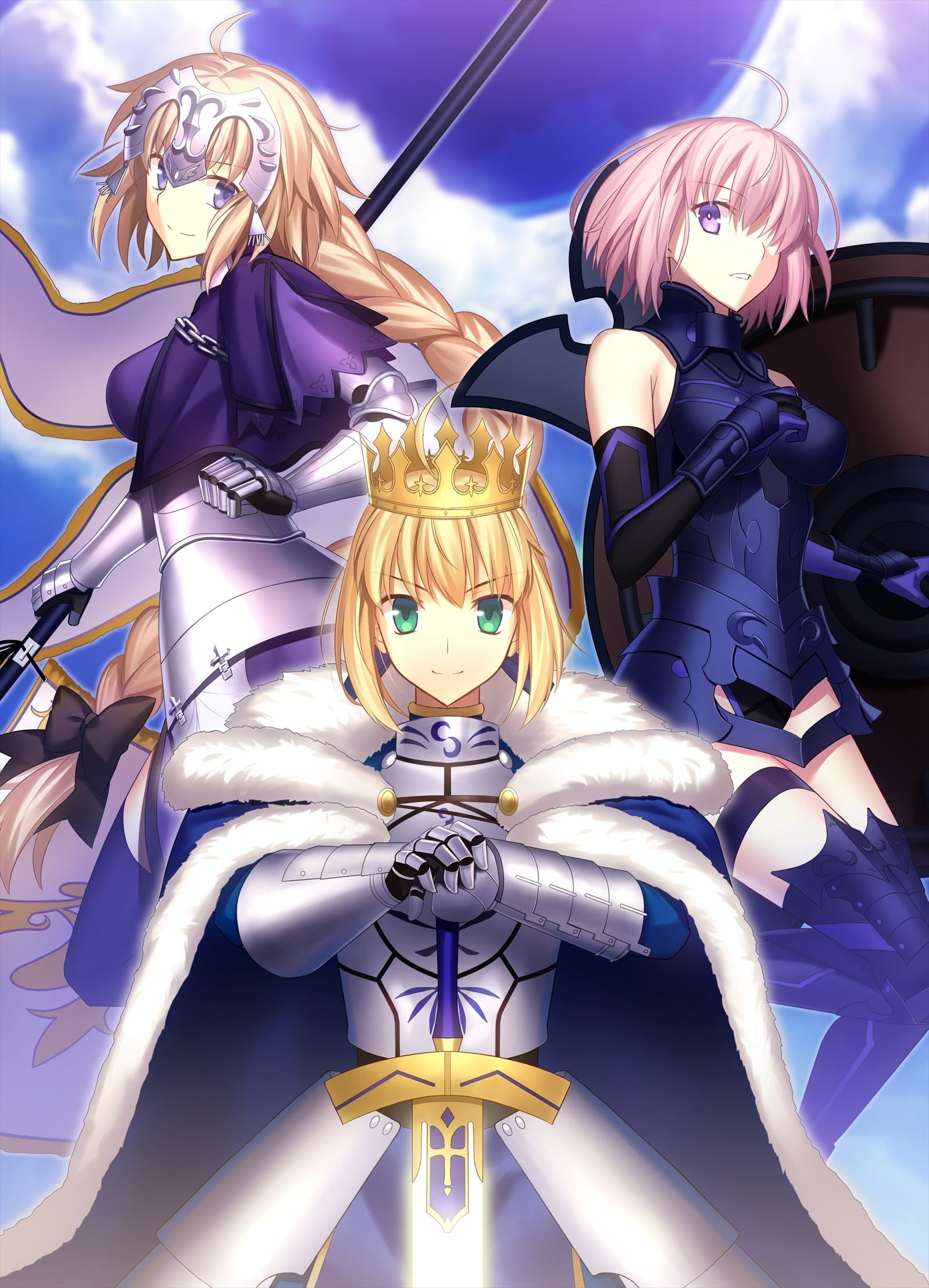 human representation, 1080P, character, male likeness, Saber, blue, multi colored, illustration, focus on foreground, girl, day, female likeness, people, Phone HD Wallpaper
