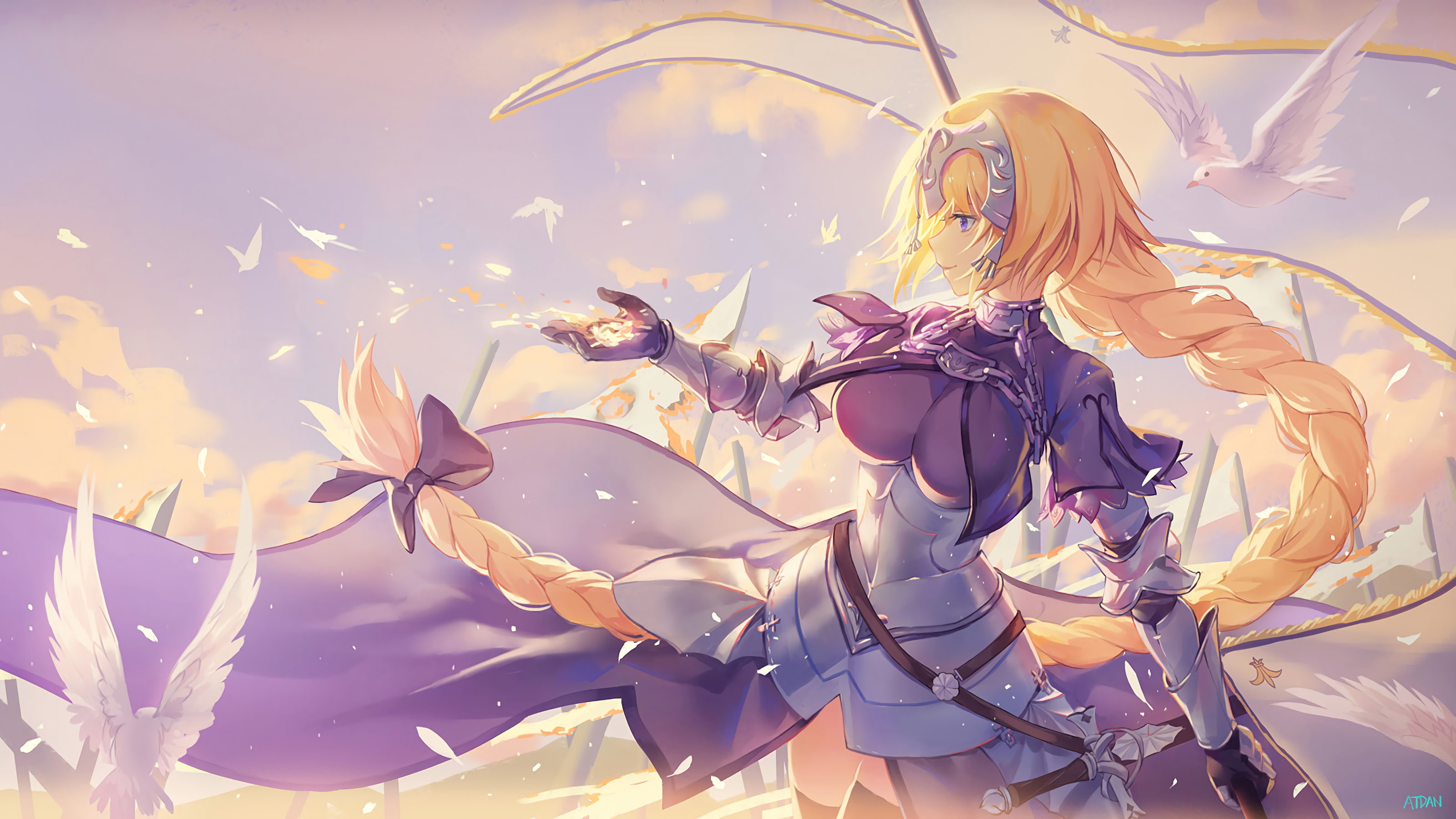 Bird, 2K, Smile, Feather, Long Hair, Fate/Grand Order, Chain, Jeanne dArc (Fate Series), Blue Eyes, Braid, Ruler (Fate/Apocrypha), Blonde, Ruler (Fate/Grand Order), HD Wallpaper