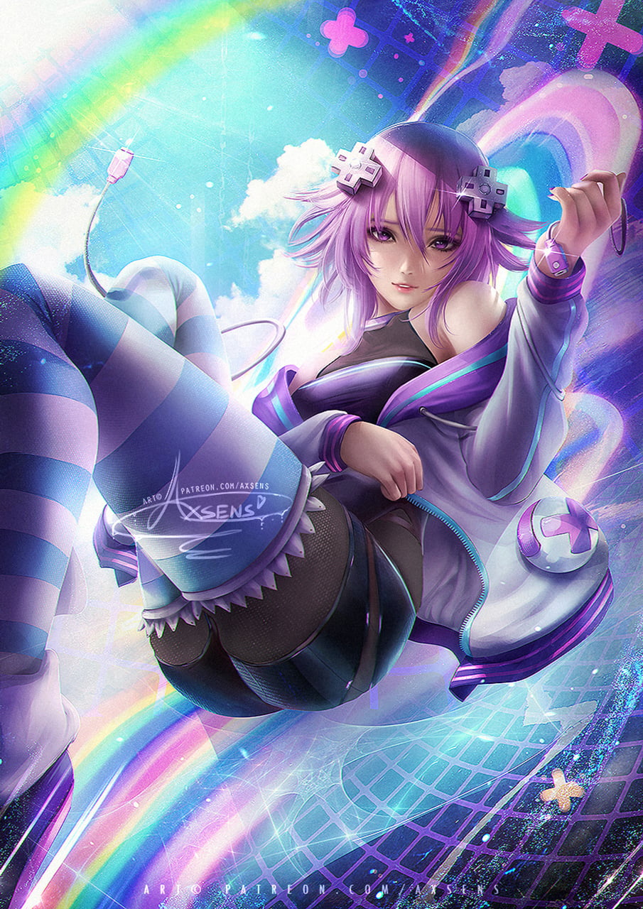 smiling, stripes, purple hair, glowing, Hyperdimension Neptunia, axsens, women, purple clothing, floating, short hair, coats, looking at viewer, hair accessories, Phone HD Wallpaper