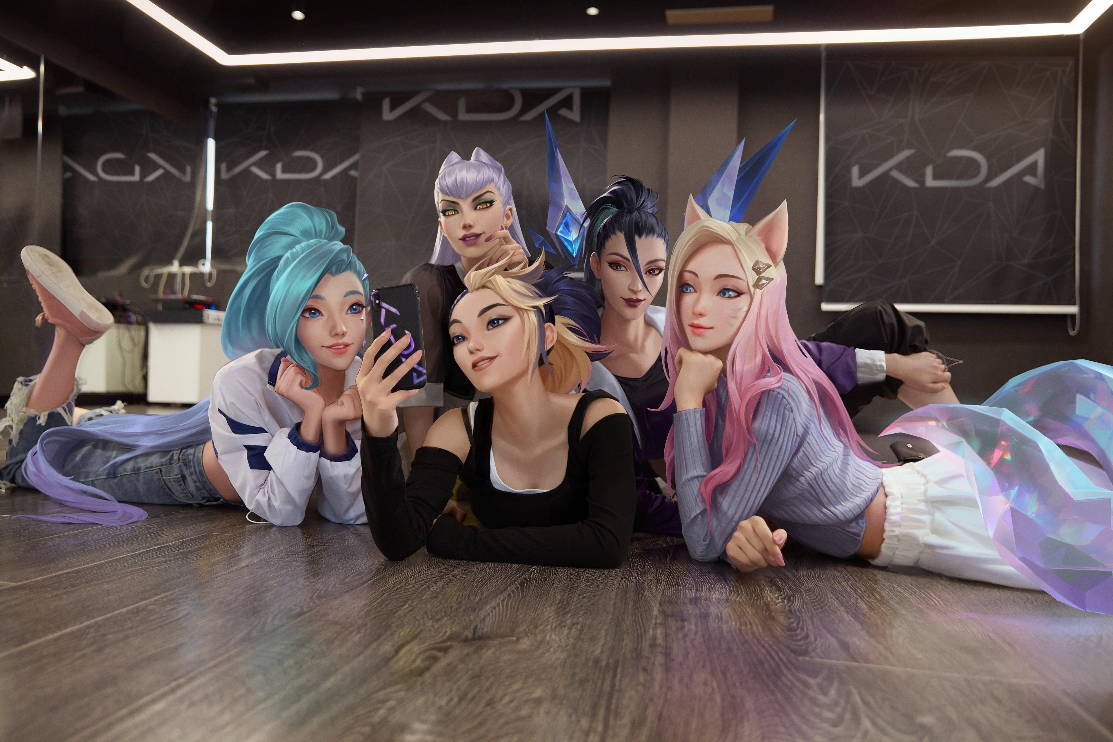 4K, kda, game characters, digital art, Kudos Productions, League of Legends, band, Ahri, HD Wallpaper