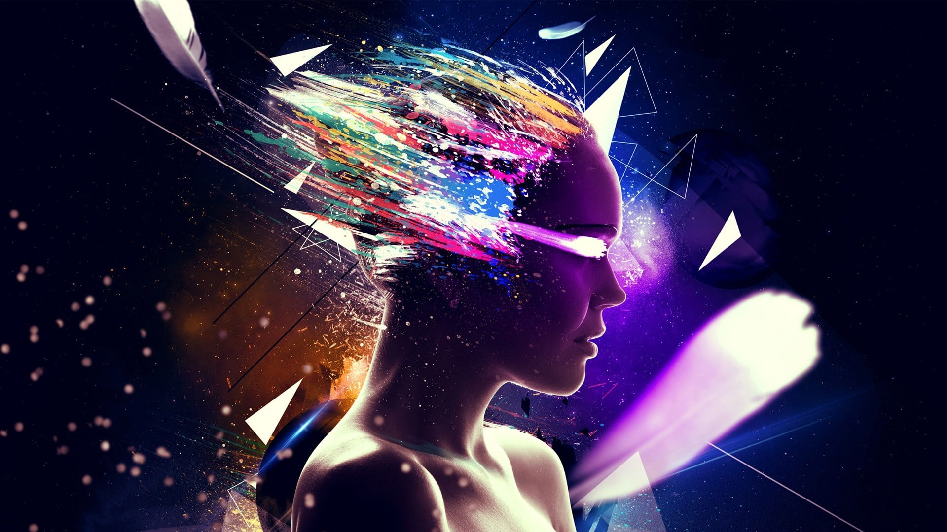 night, 1080P, one person, screenshot, illuminated, profile view, close-up, connection, headshot, women, shapes, adult, technology, architecture, HD Wallpaper