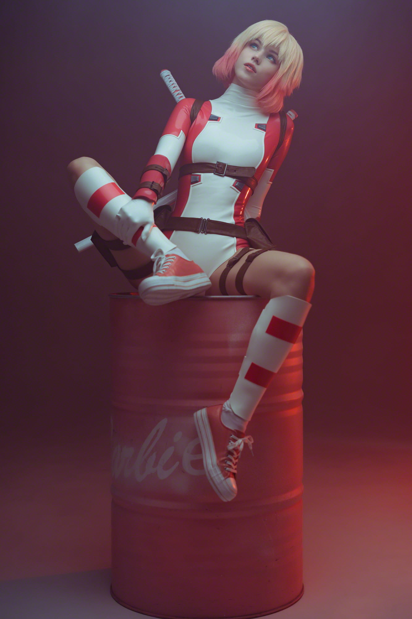 Shirogane Sama, legs, women indoors, model, multicolored hair, indoors, cosplay, women, Gwenpool, weapon, 1080P, simple background, sitting, parted lips, Phone HD Wallpaper