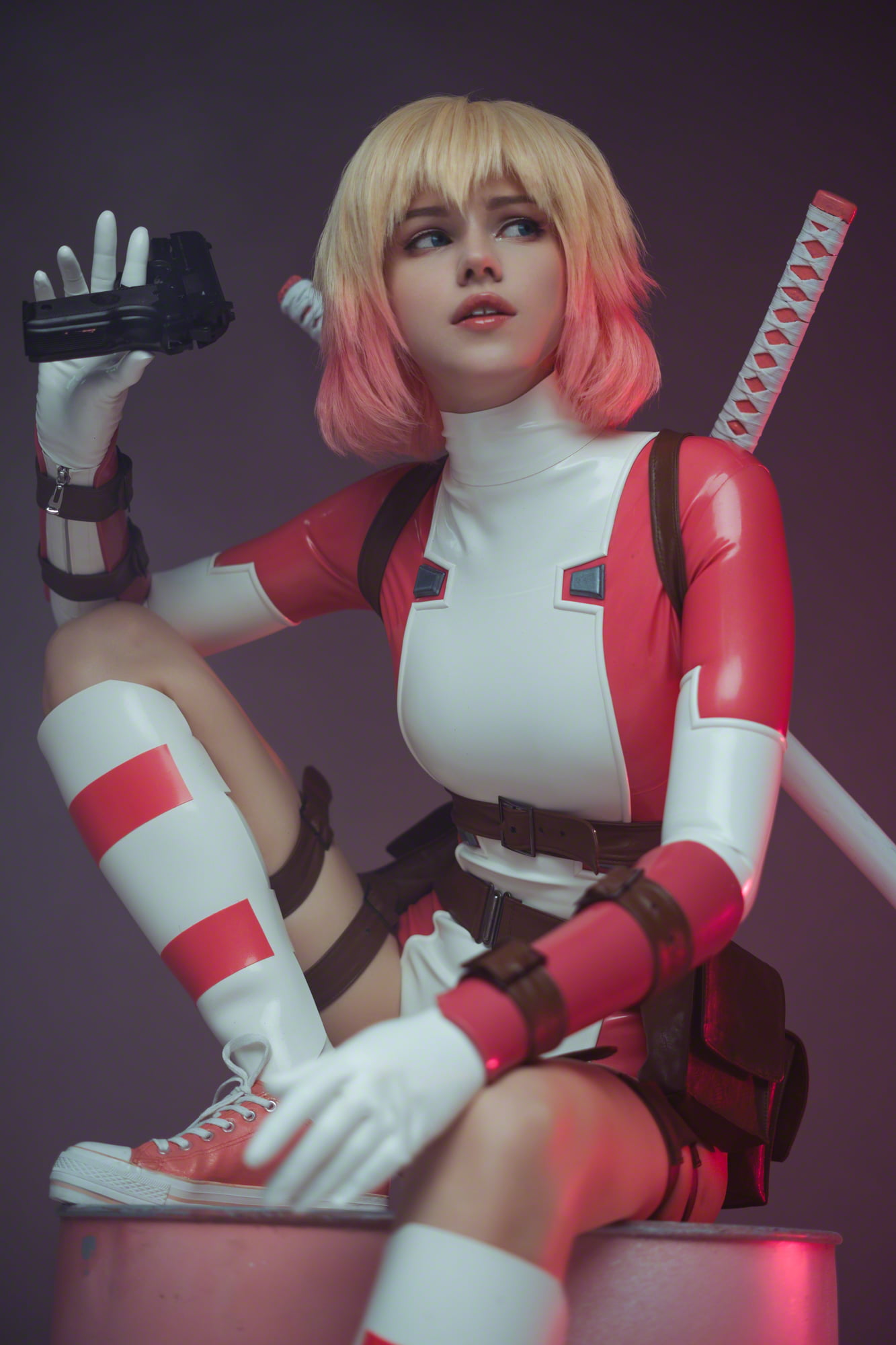 sitting, women indoors, looking away, women, 1080P, cosplay, parted lips, gun, weapon, Shirogane Sama, model, indoors, multicolored hair, Gwenpool, Phone HD Wallpaper