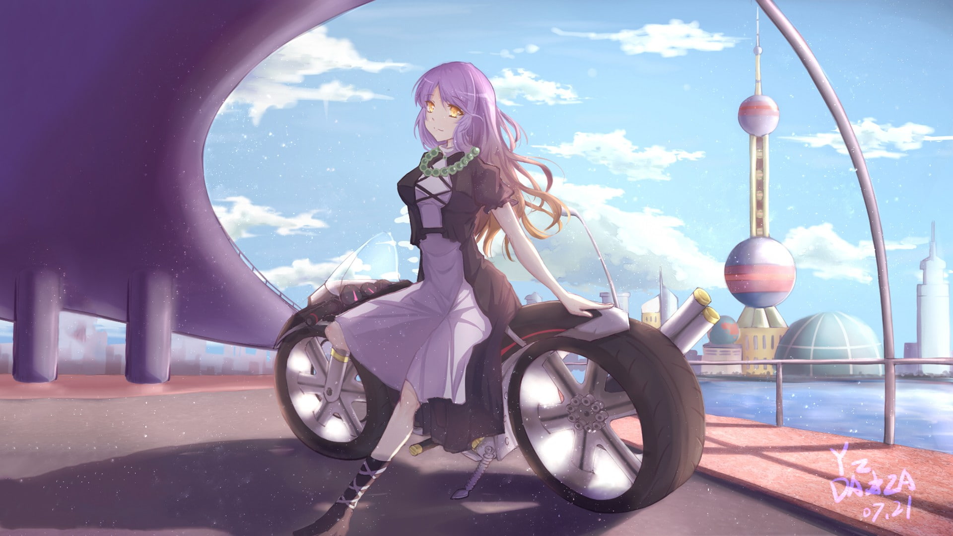 vehicle, anime, long hair, anime girls, highway, purple hair, women with motorcycles, 1080P, Touhou, motorcycle, orange eyes, yellow eyes, multicolored hair, HD Wallpaper