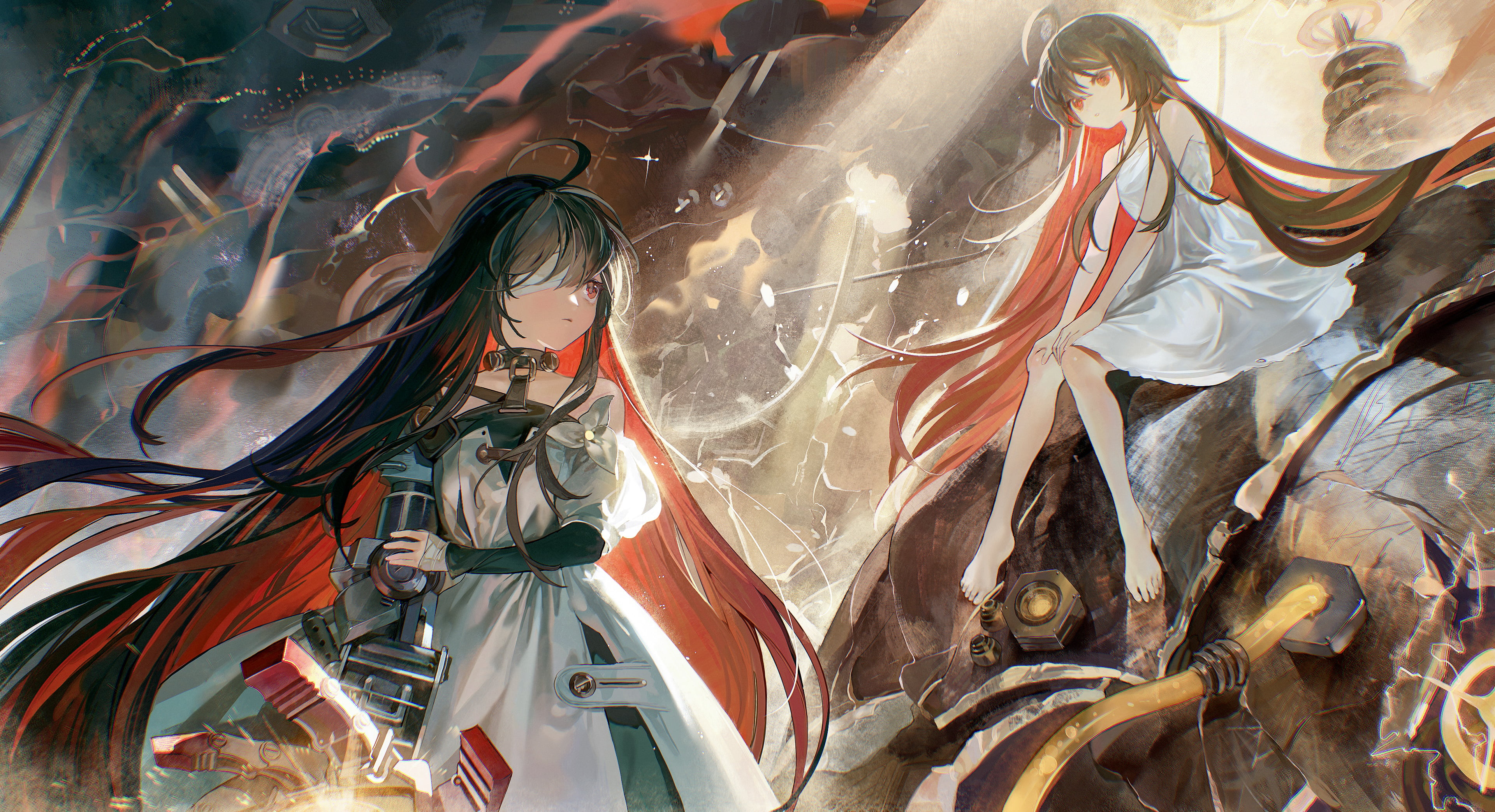 anime girls, red eyes, Alchemy Stars, anime, smoke, 4K, multicolored hair, long hair, Robots, HD Wallpaper