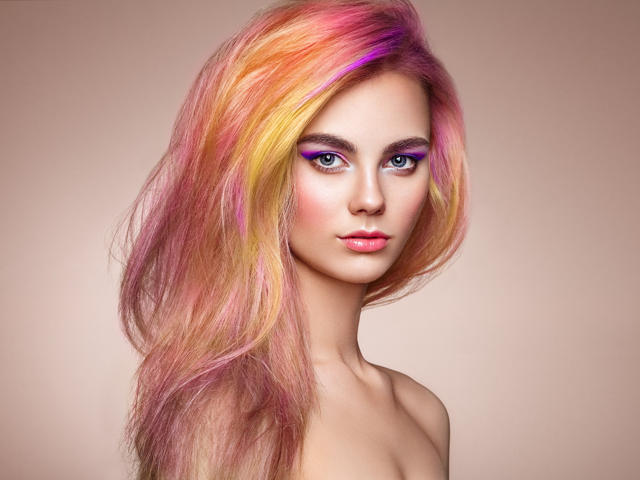 blush, multicolored hair, looking at viewer, 1080P, Oleg Gekman, glamour, lipstick, women, portrait, lip gloss, simple background, makeup, HD Wallpaper