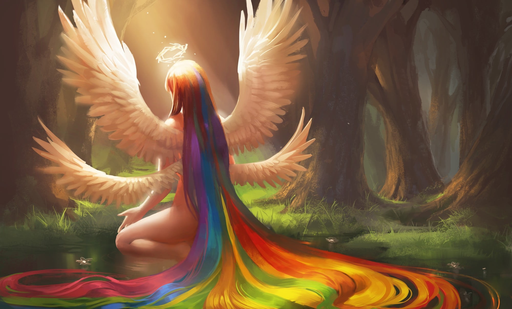 wings, elegance, blue, pond, art, motion, illustration, angel, fantasy, vertebrate, image, bird, pattern, water, sitting, multi Colored, back, abstract, HD Wallpaper