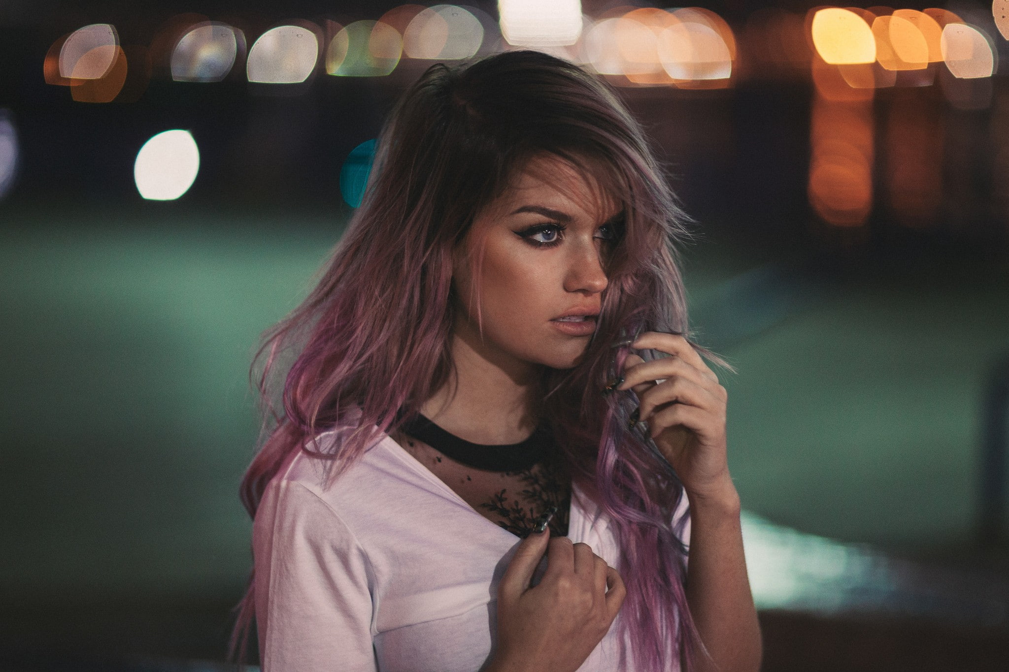 blue eyes, bokeh, Ruby James, multicolored hair, 1080P, Samantha Ravndahl, women, dyed hair, looking away, HD Wallpaper