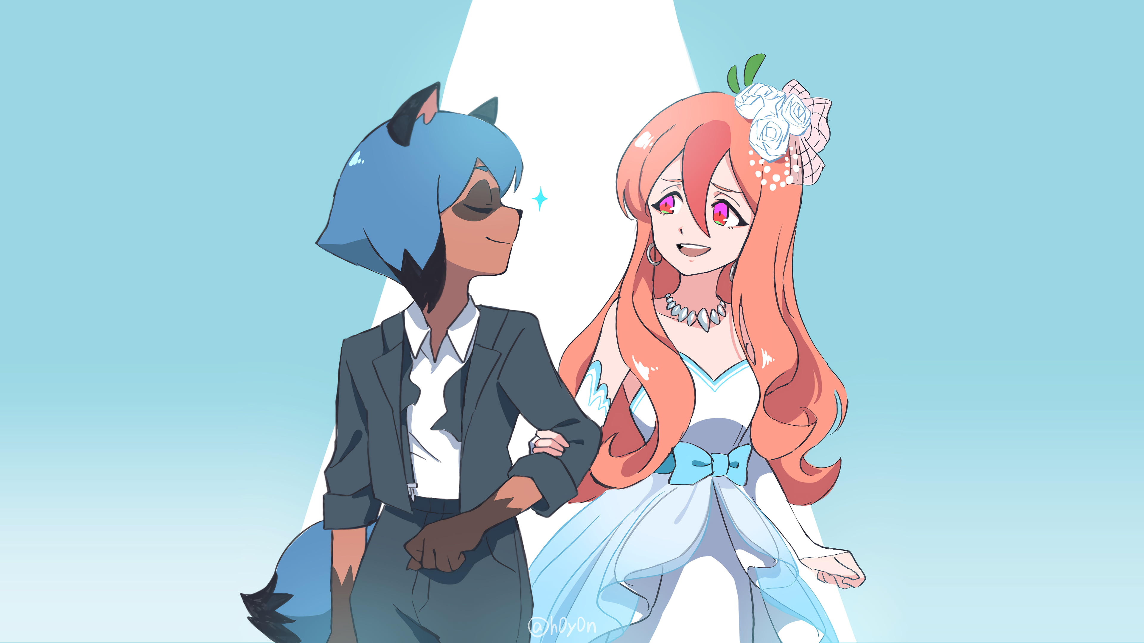 lesbians, necktie, redhead, brides, hair ornament, animal ears, digital art, red eyes, anime girls, grooms, hoyon, gowns, fan art, black blazer, Michiru Kagemori, HD Wallpaper