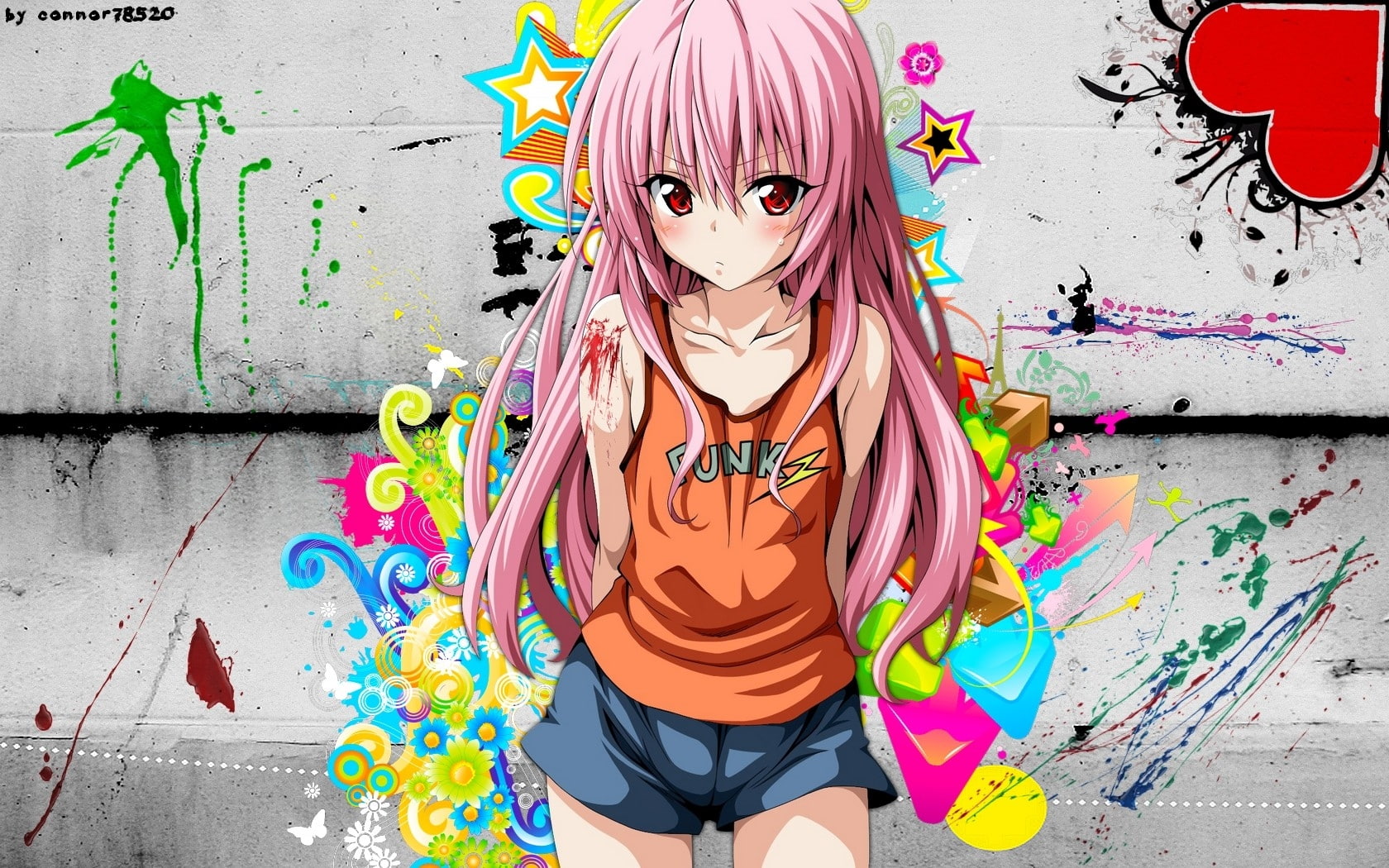 shorts, tops, n, red, pink, anime, art, hair, hd, blood, eyes, tank, blush, ru, hot, love, hearts, multicolor, 720P, long, stars, HD Wallpaper