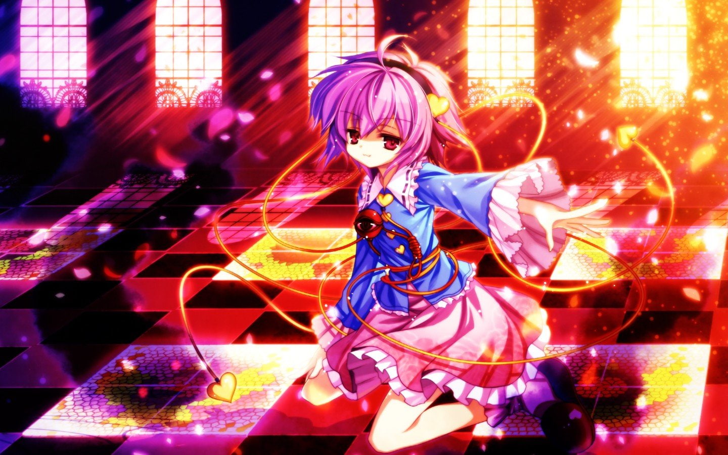 touhou, red, satori, sunlight, 720P, skirts, panes, flower, hair, band, capura, games, mansion, checkered, video, eye, lin, eyes, short, petals, pink, HD Wallpaper