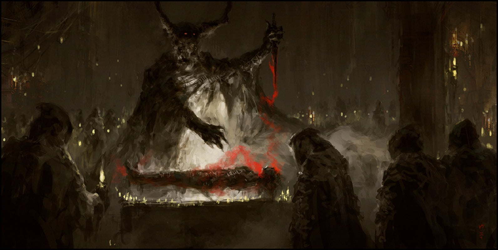 demon, candles, Chris Cold, fantasy art, 720P, sacrifice, evil, Cthulu, dagger, HD Wallpaper