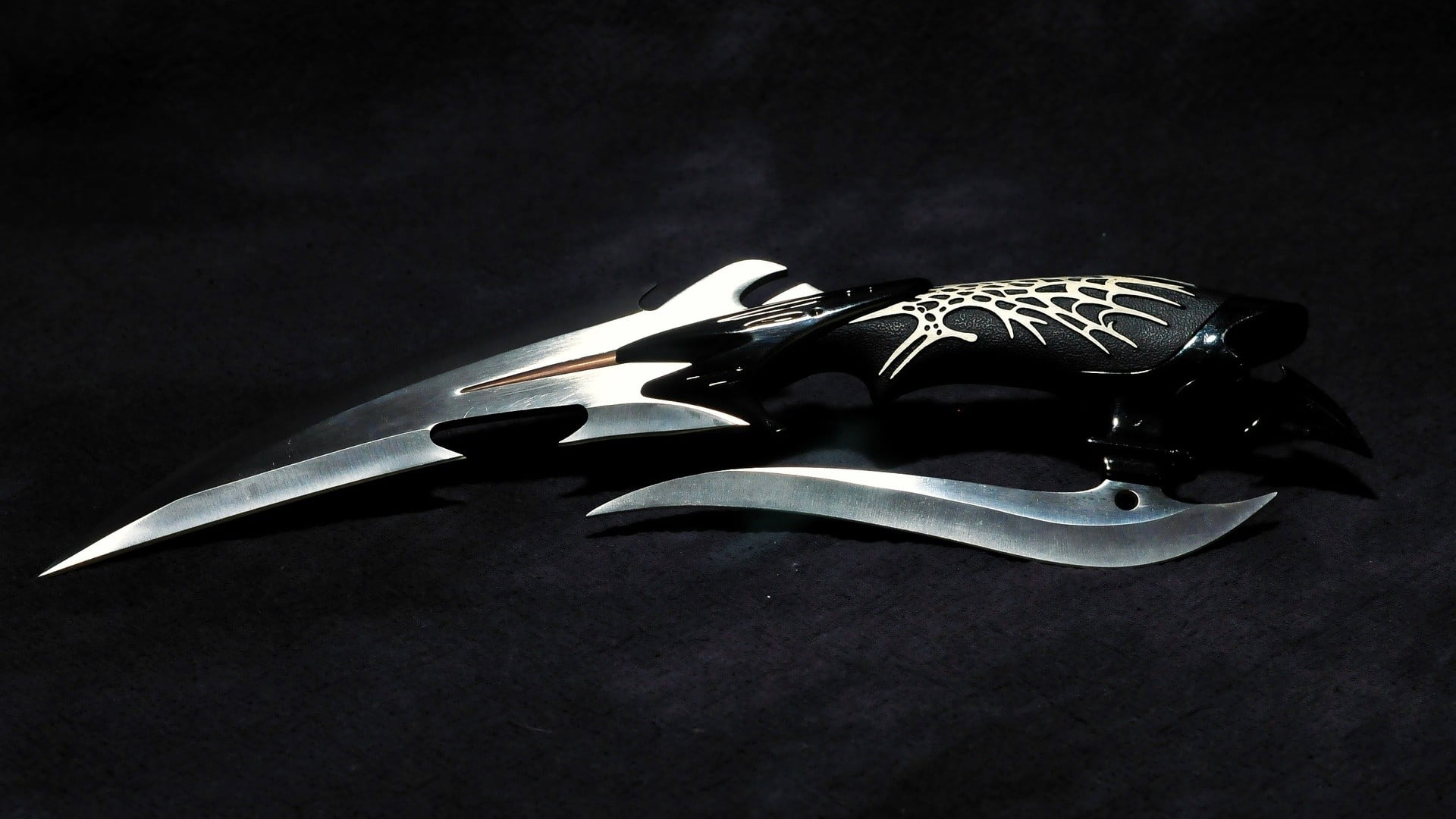 two objects, table, dagger, animal, black, black background, studio shot, Gil Hibben, still life, 1080P, indoors, silver, mask, scorpions, sharp, single object, HD Wallpaper