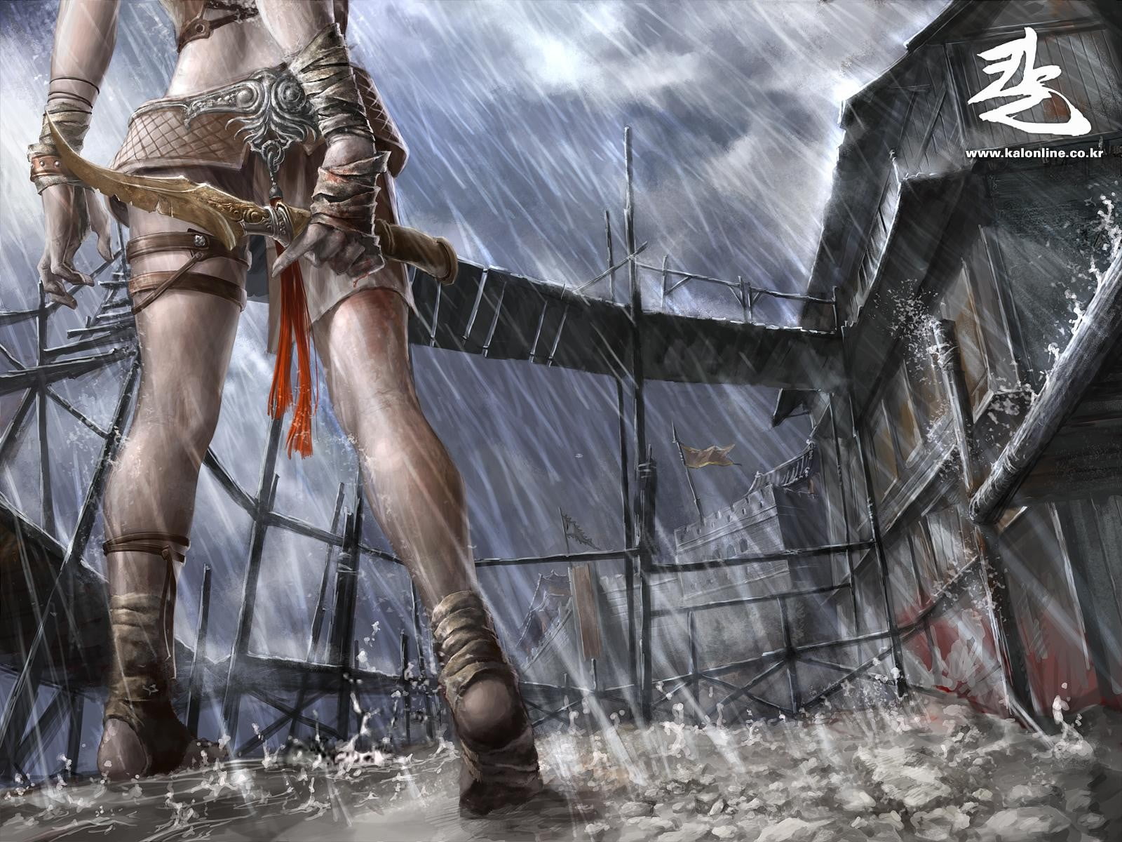 one person, dagger, sitting, body part, rain, lifestyles, real people, low angle view, casual clothing, human leg, warrior, nature, artwork, fantasy art, HD Wallpaper