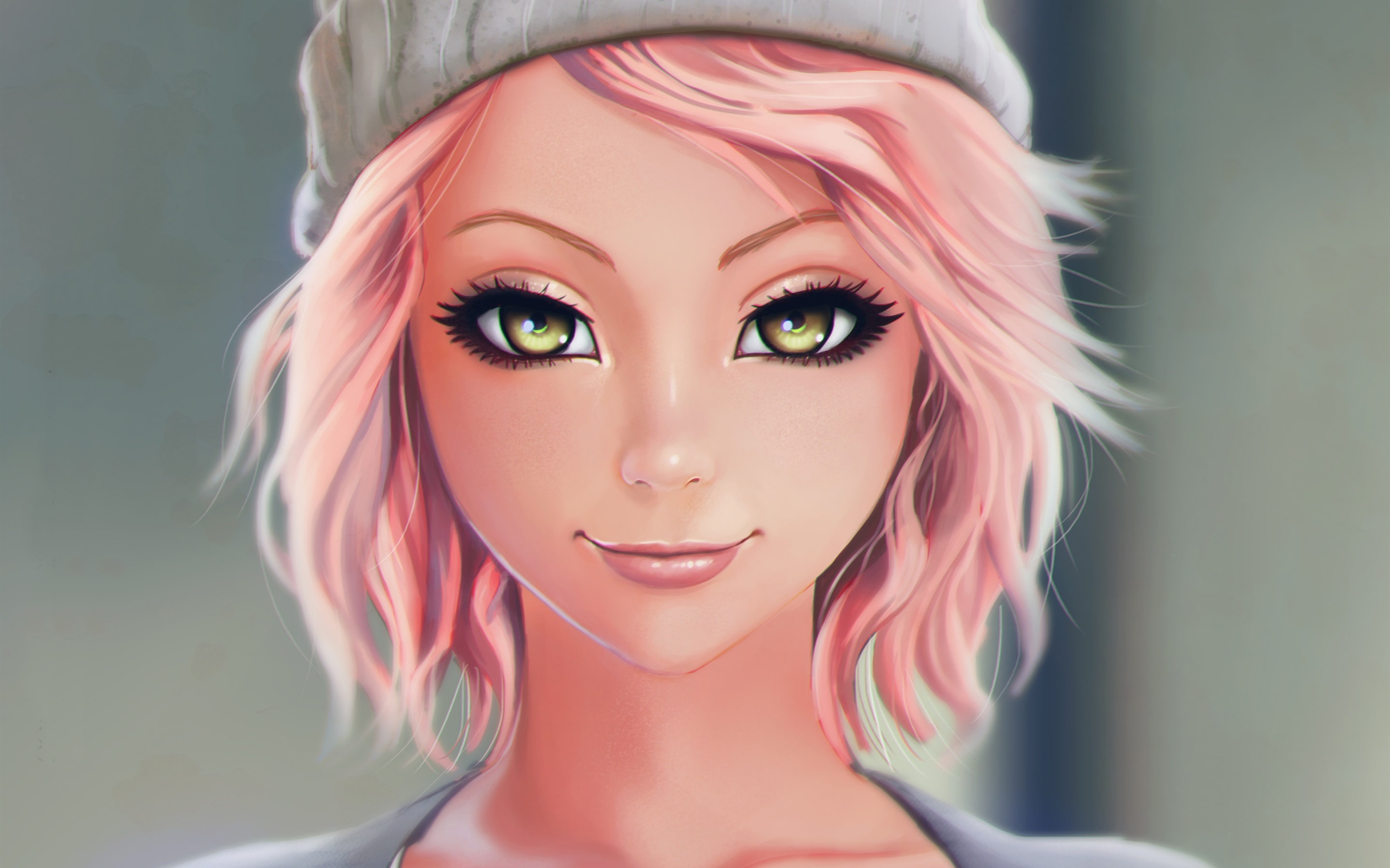 Haired, Pink, Hat, Beautiful, Girl, Fantasy, Smile, 2K, HD Wallpaper