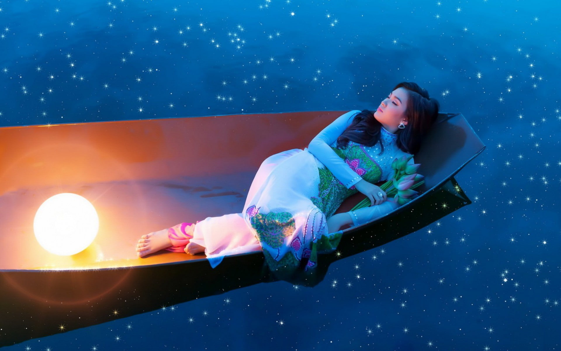night, 1080P, lotus, women, water, sleep, asian, boat, HD Wallpaper