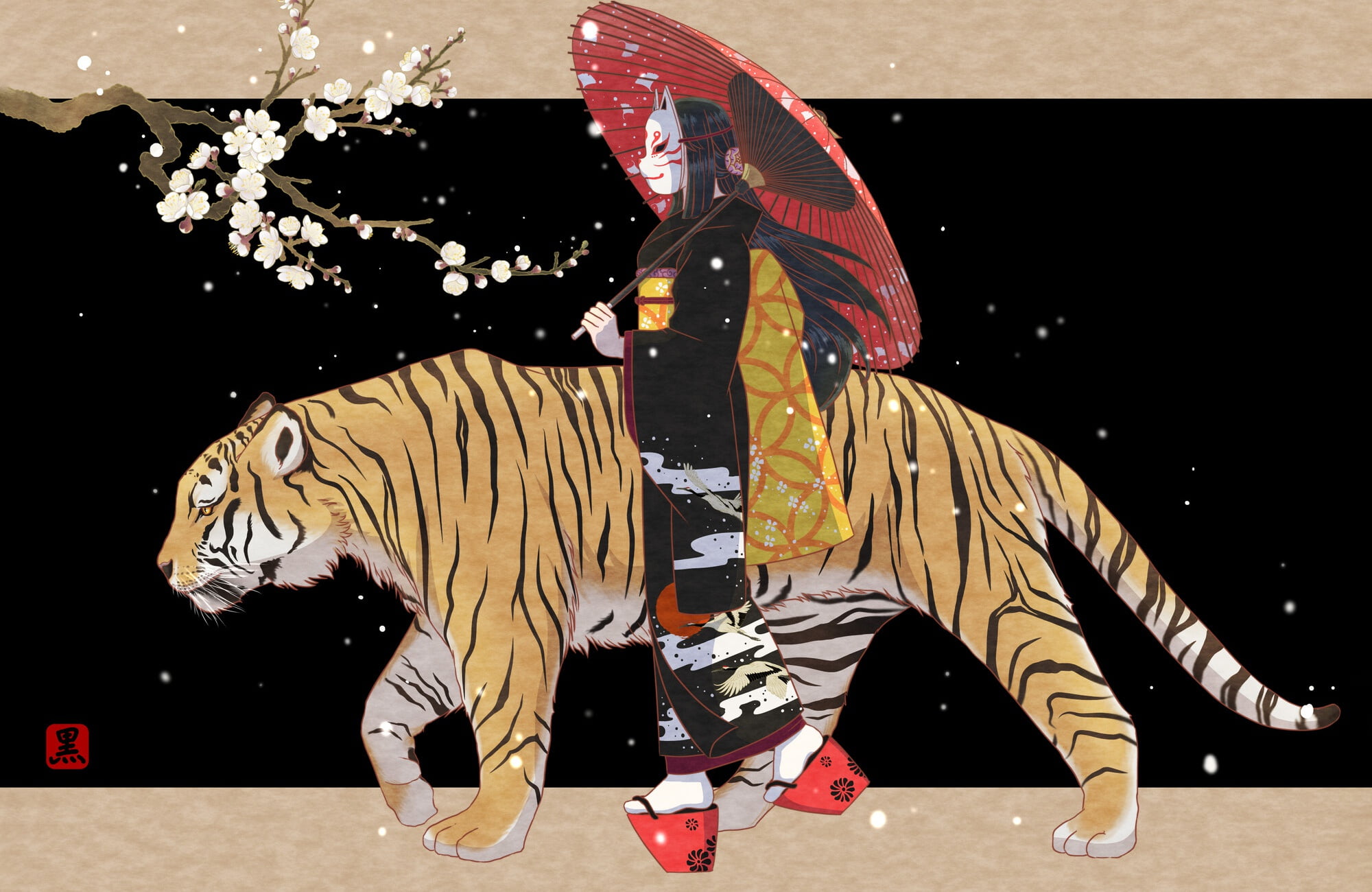 fantasy art, artwork, big cats, 1080P, tiger, animals, umbrella, fantasy girl, Asian, mask, HD Wallpaper