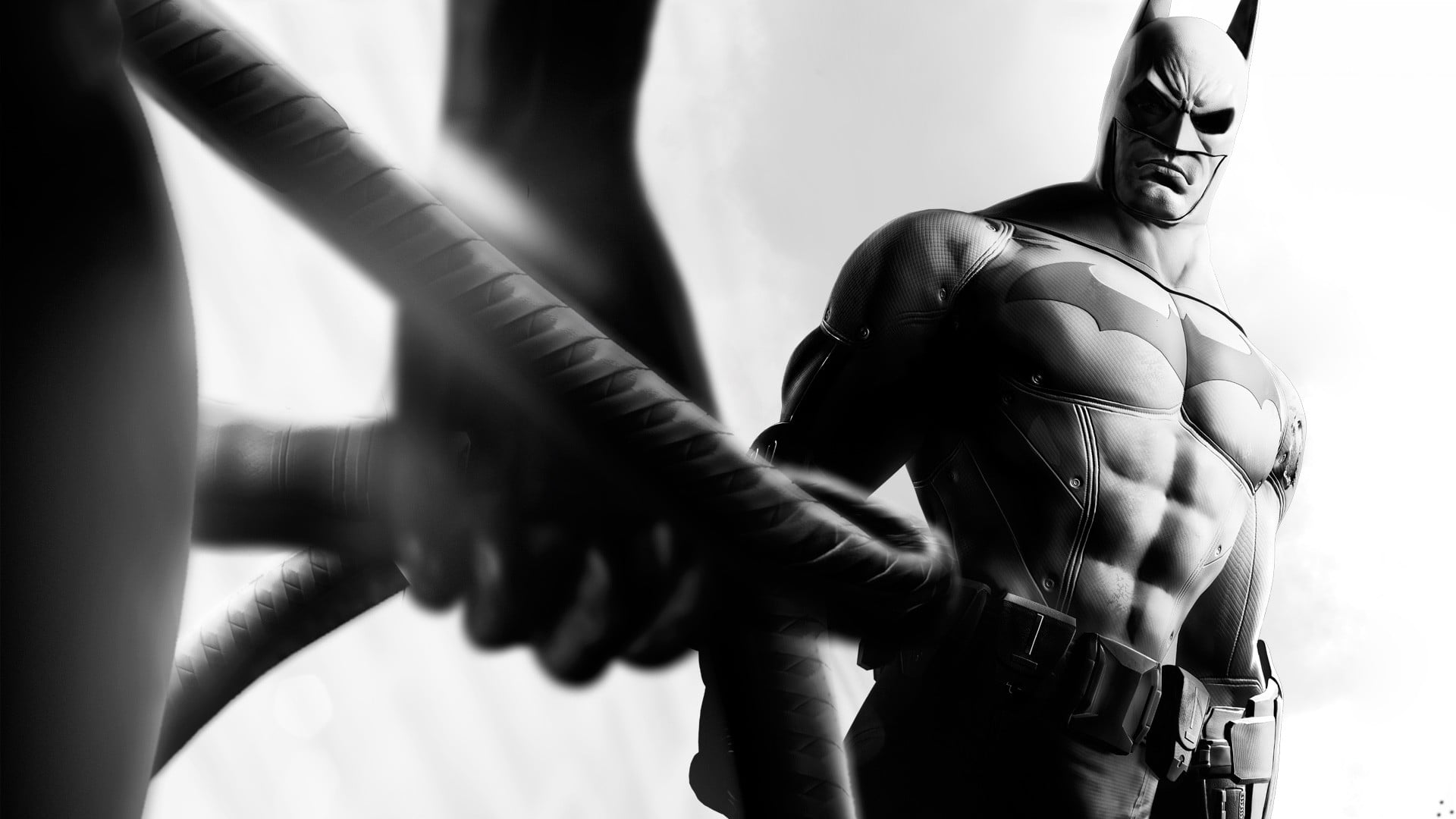 battle, clothing, aggression, 1080P, young adult, Batman: Arkham City, holding, athlete, monochrome, government, Batman, adult, human limb, security, protection, HD Wallpaper