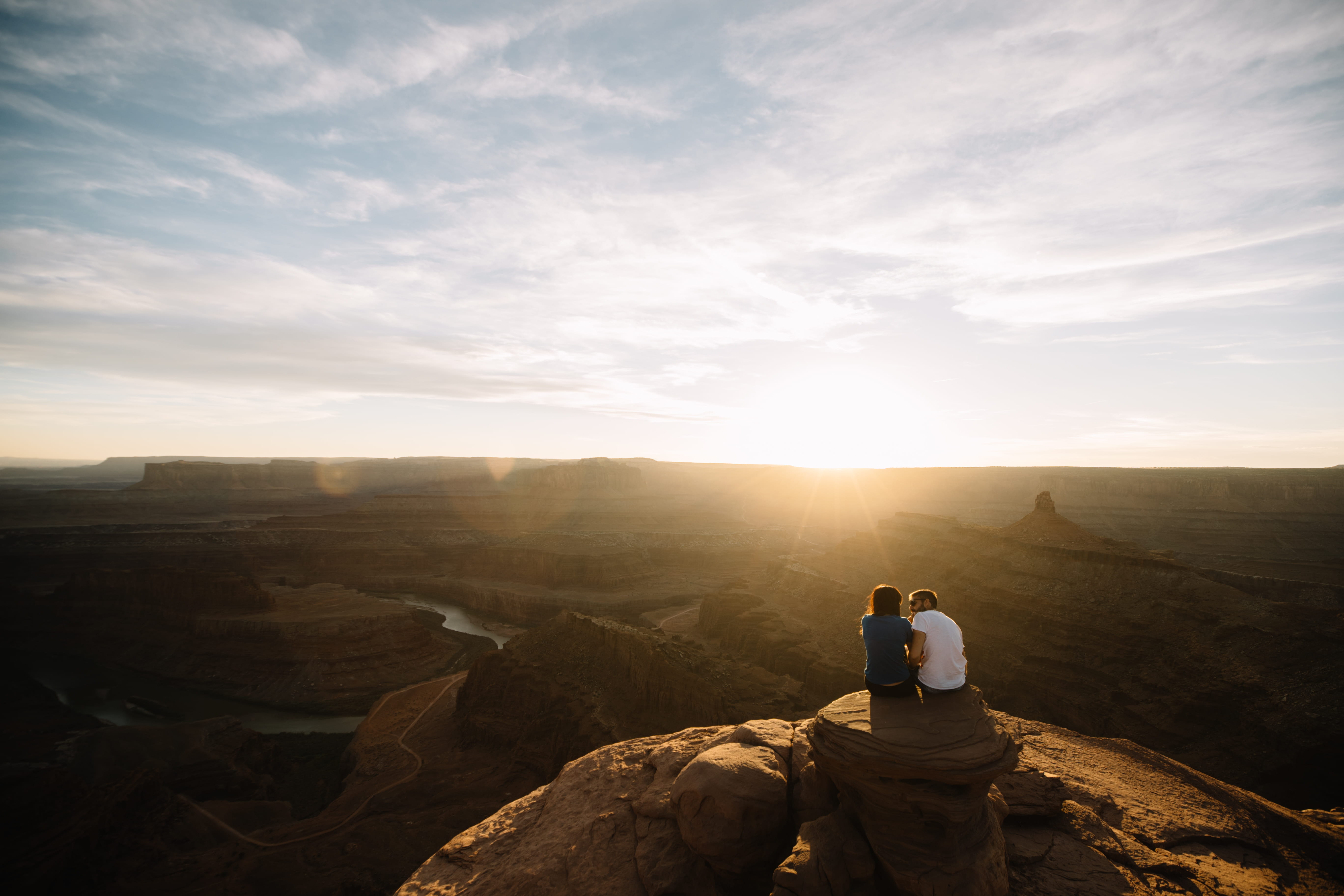 tranquility, 5K, solid, rear view, real people, person, sun, hour, beauty in nature, rock - object, lens flare, two, rock, golden, cliff, environment, HD Wallpaper