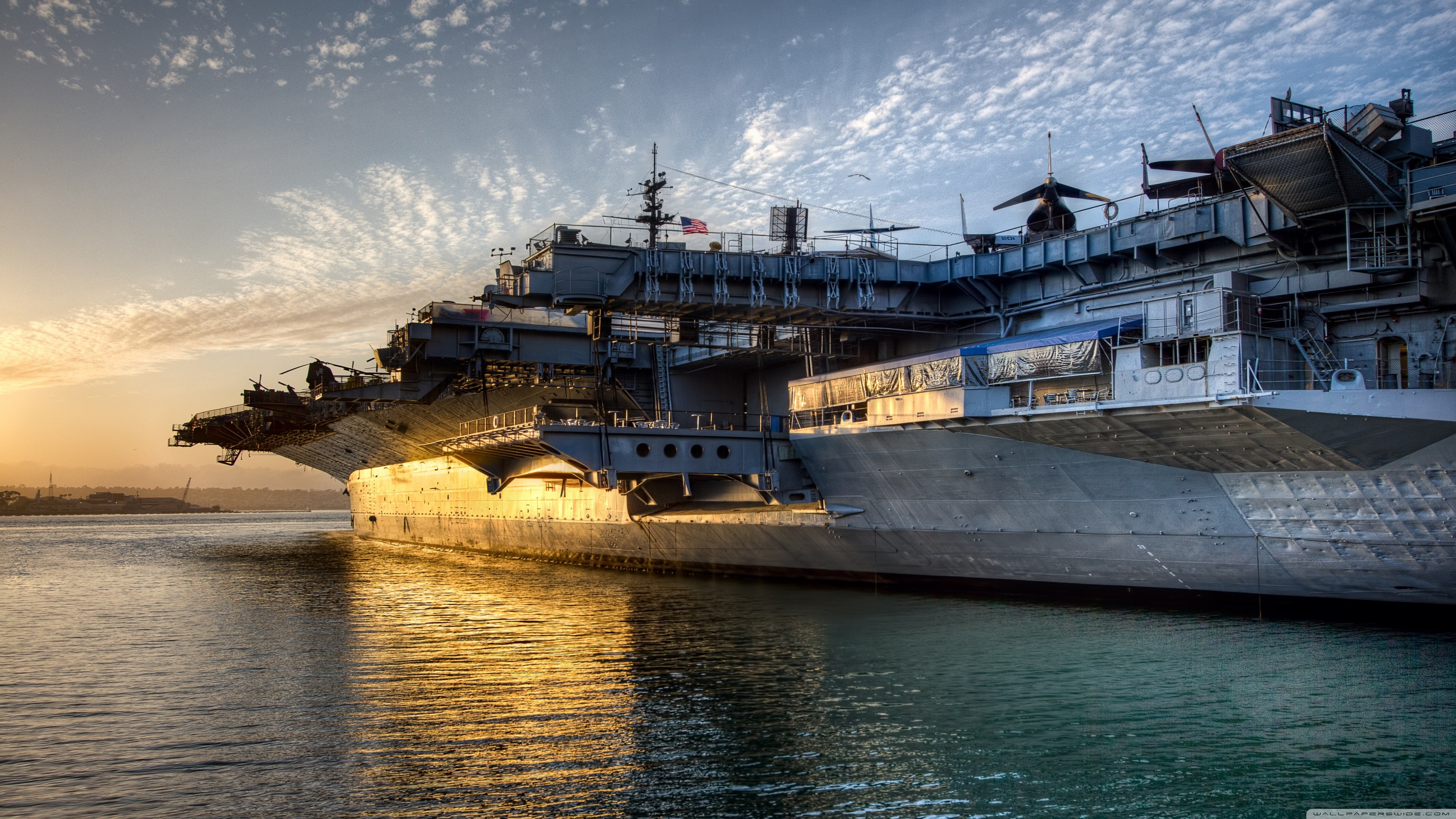 aircraft carrier, ship, military aircraft, sea, aircraft, USS Midway, military base, sunset, water, 4K, HD Wallpaper
