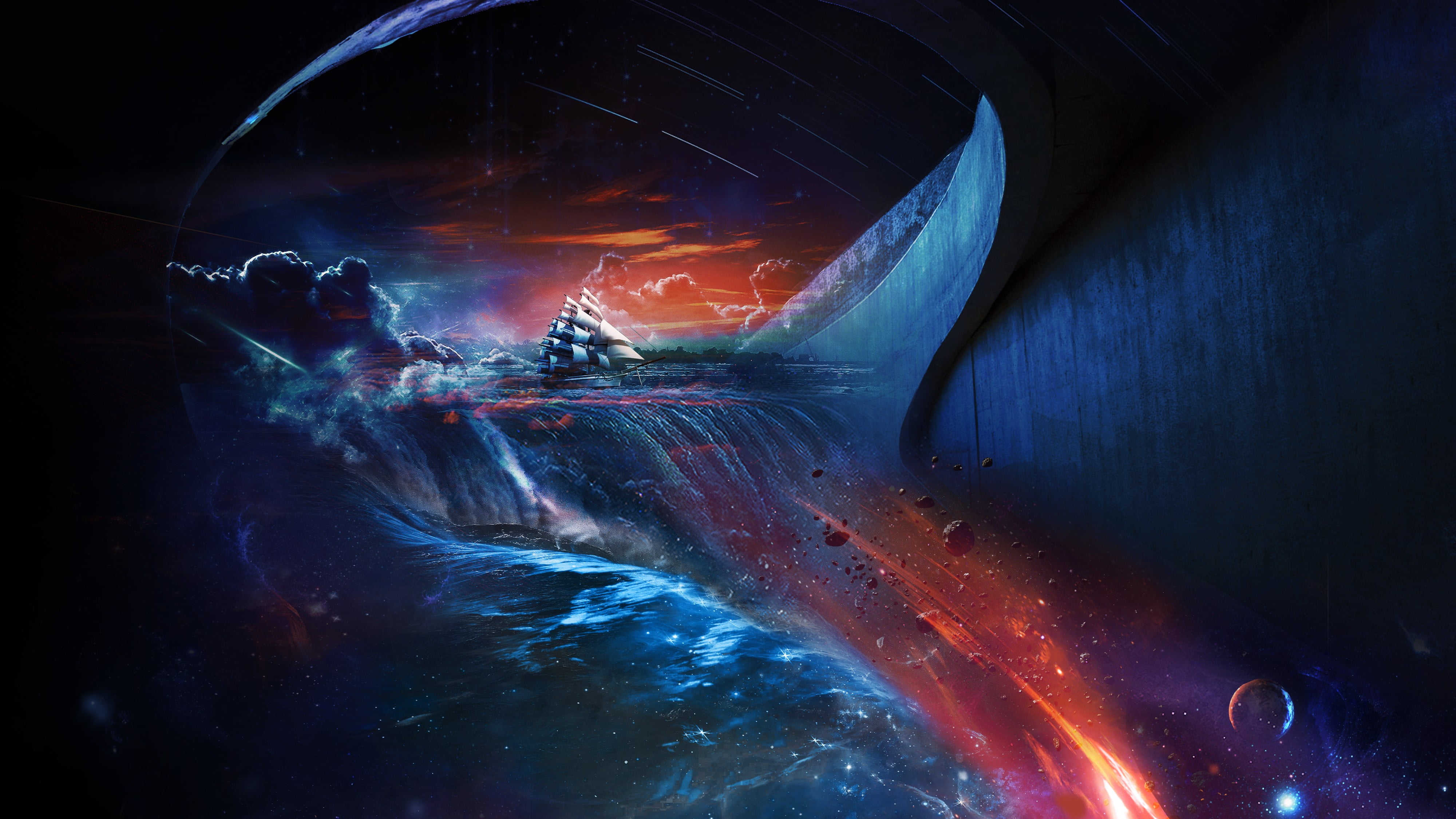 digital, planet - space, abstract, nature, digital composite, ship, waterfall, indoors, futuristic, water, illuminated, blue, no people, spooky, 4K, sphere, HD Wallpaper